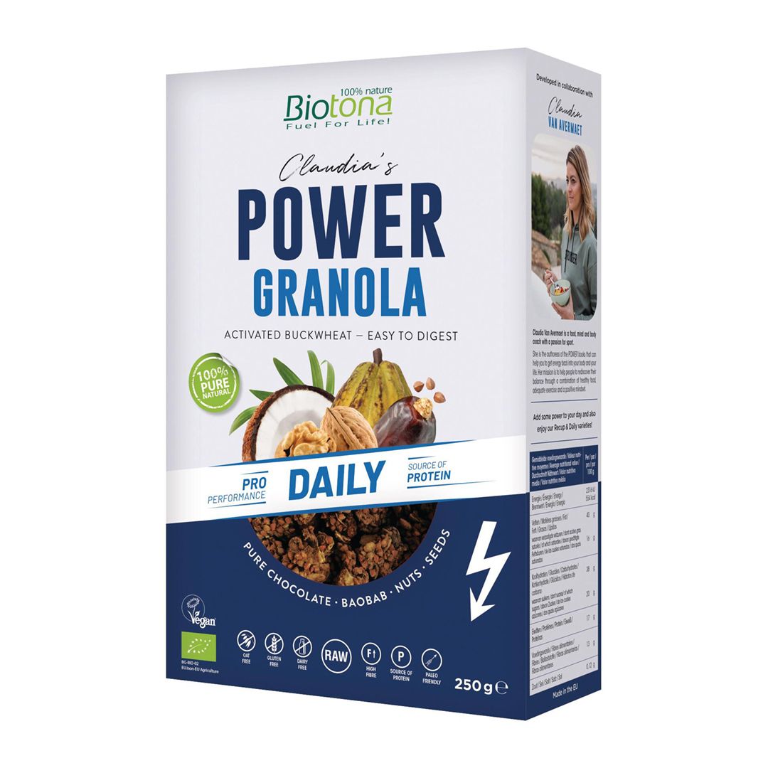 Biotona Power Granola Daily verpakking. Witte doos met productnaam en ingrediënten. 250g, vegan, bio-label.