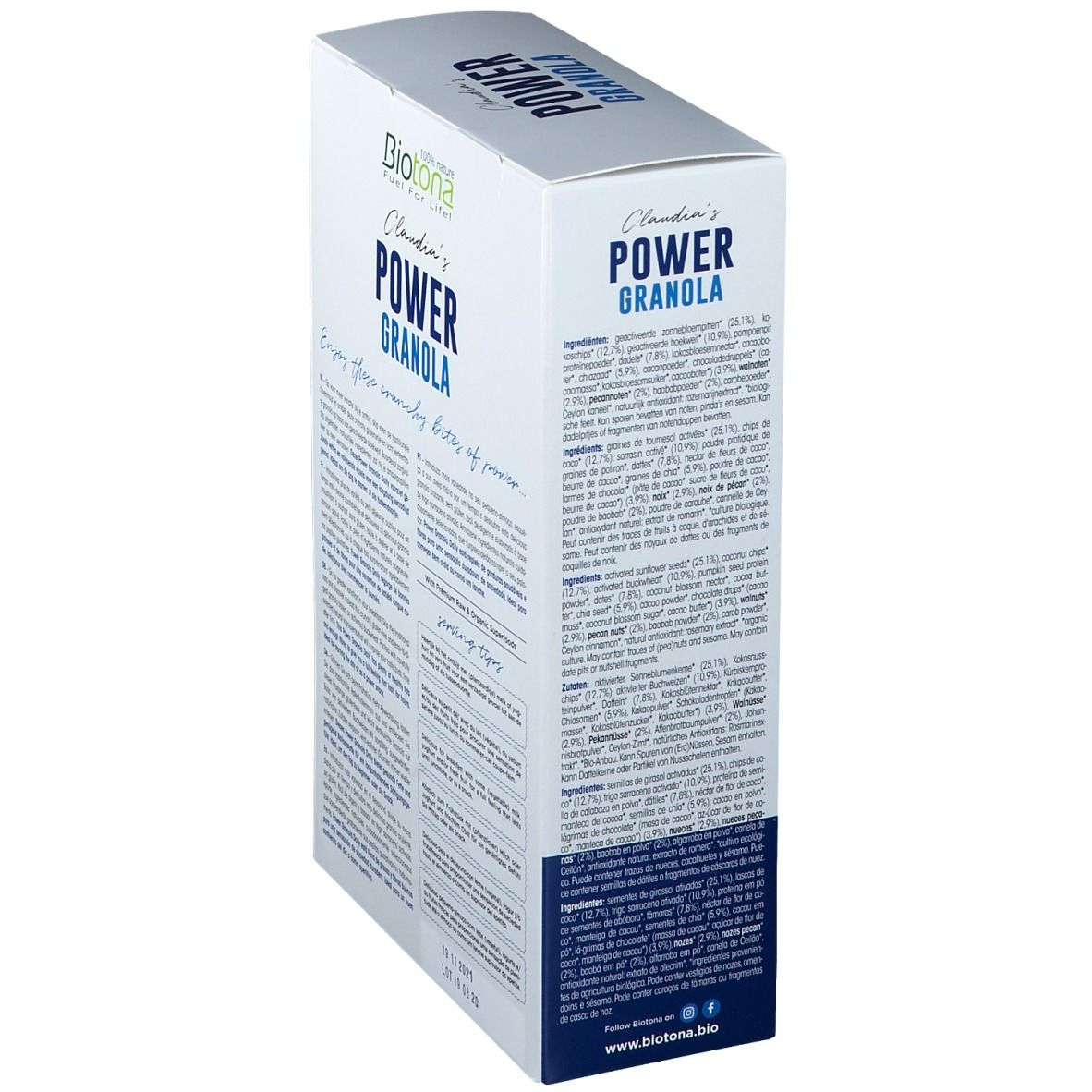 Biotona Power Granola Daily verpakking, zijaanzicht. Bevat ingrediëntenlijst en tekst. Met logo.