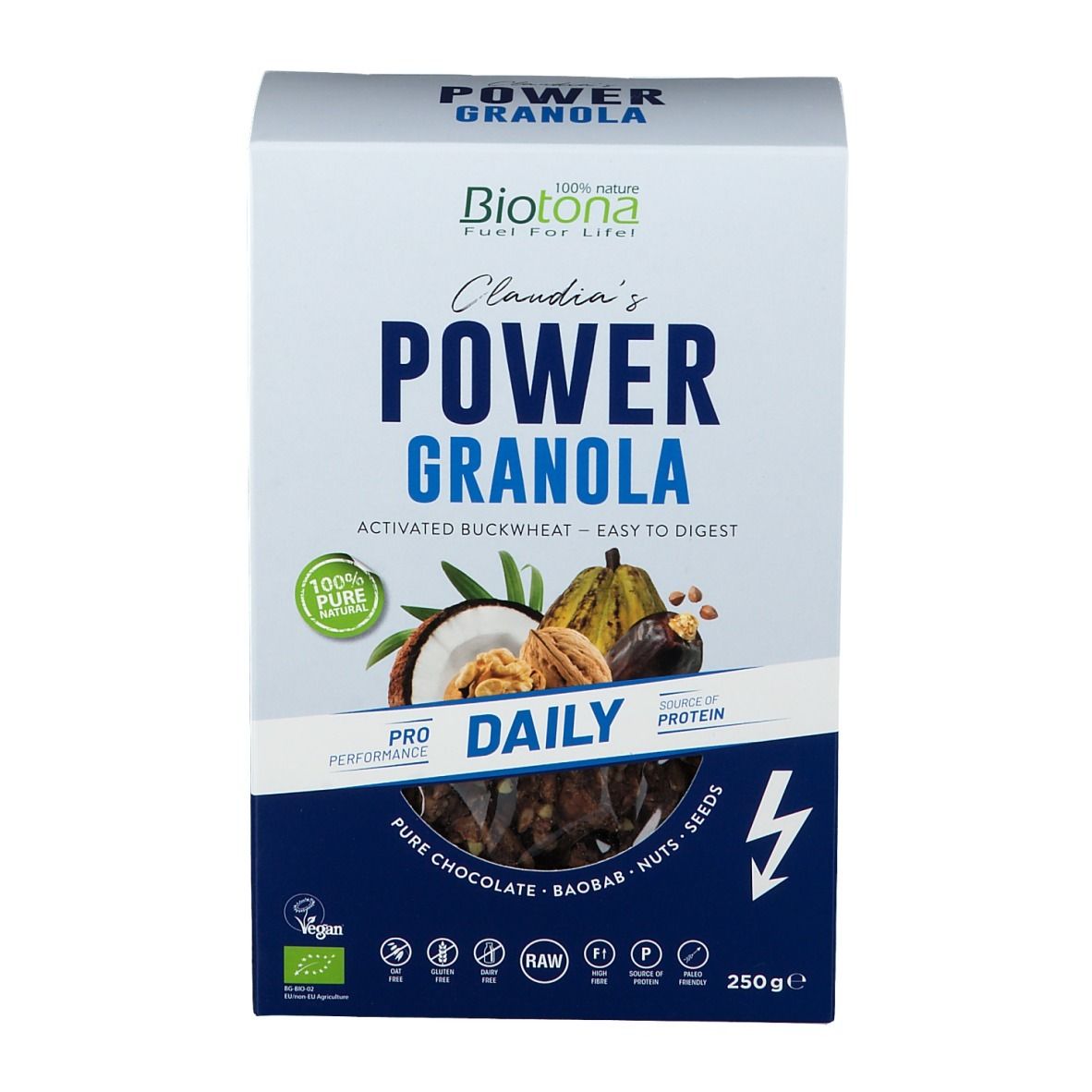 Biotona Power Granola Daily verpakking. Witte doos met productnaam en ingrediënten. 250g, vegan, bio-label.