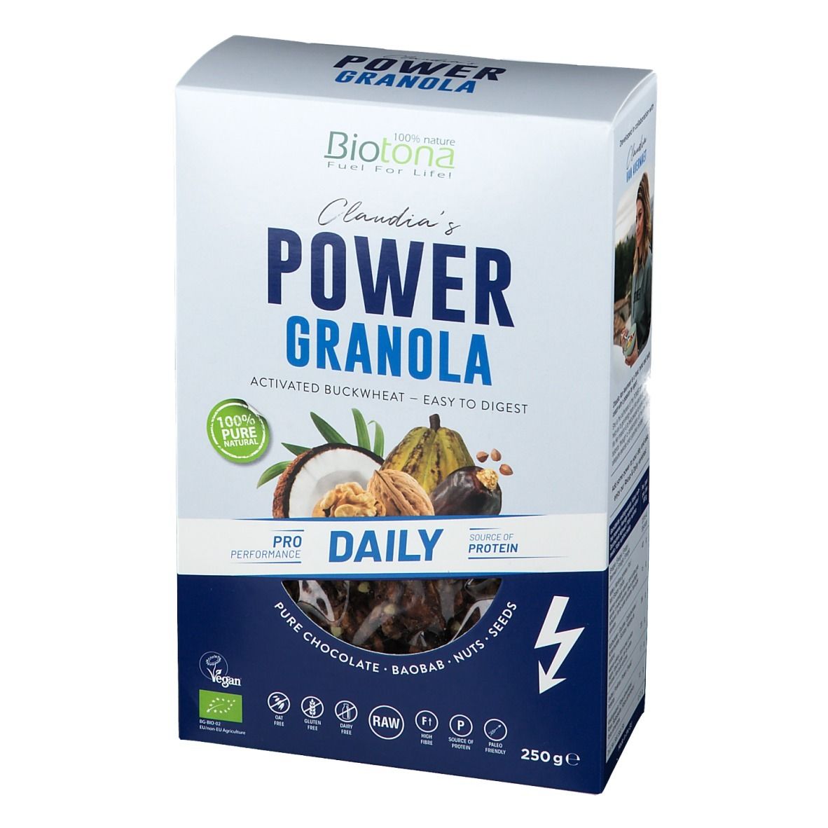 Biotona Power Granola Daily verpakking. Witte doos met productnaam en ingrediënten. 250g, vegan, bio-label.