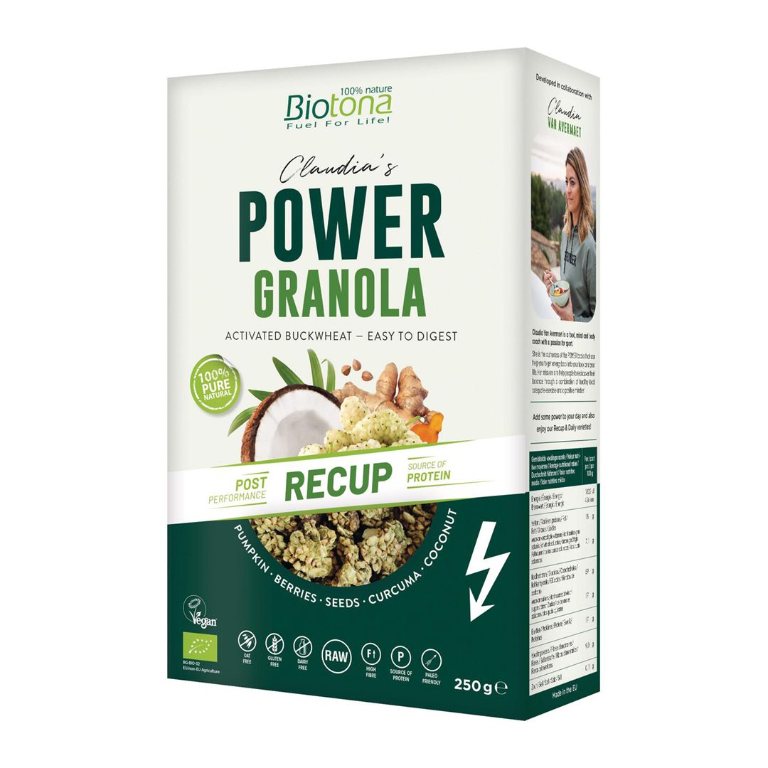 Verpakking van Power Granola Recup. Opschrift: Power Granola, Post Recup, 250g. Met kokos, gember en pompoen.
