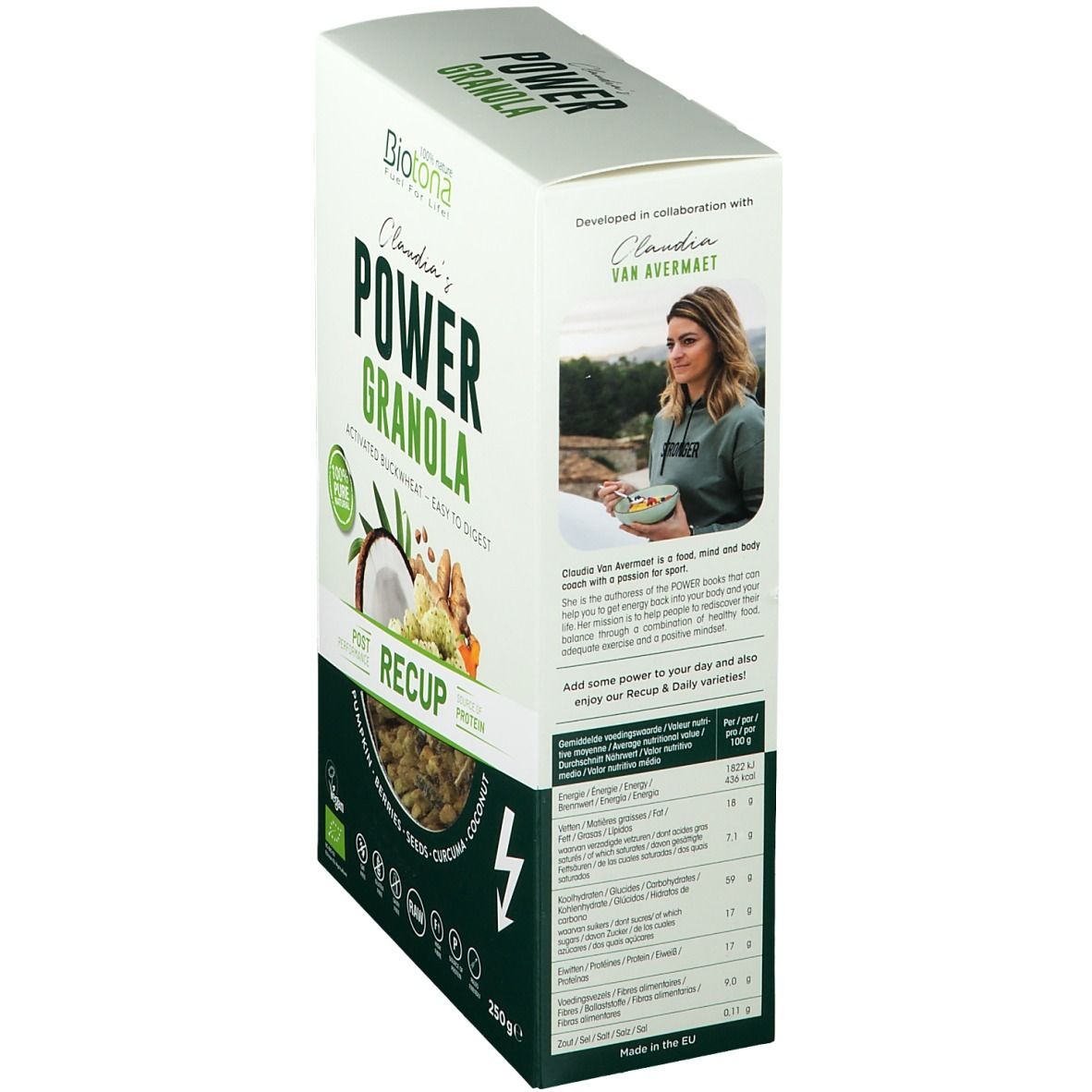 Verpakking van Power Granola Recup. Opschrift: Power Granola, Post Recup, 250g. Met voedingswaarde en Claudia van Avermaet.