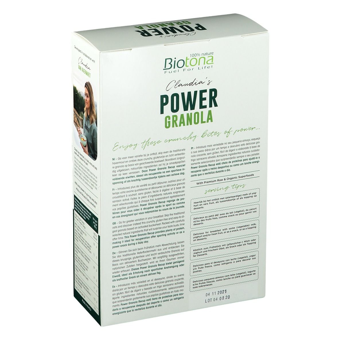 Verpakking van Power Granola Recup. Opschrift: Power Granola, Post Recup. Met tekst over het product en serveertips.