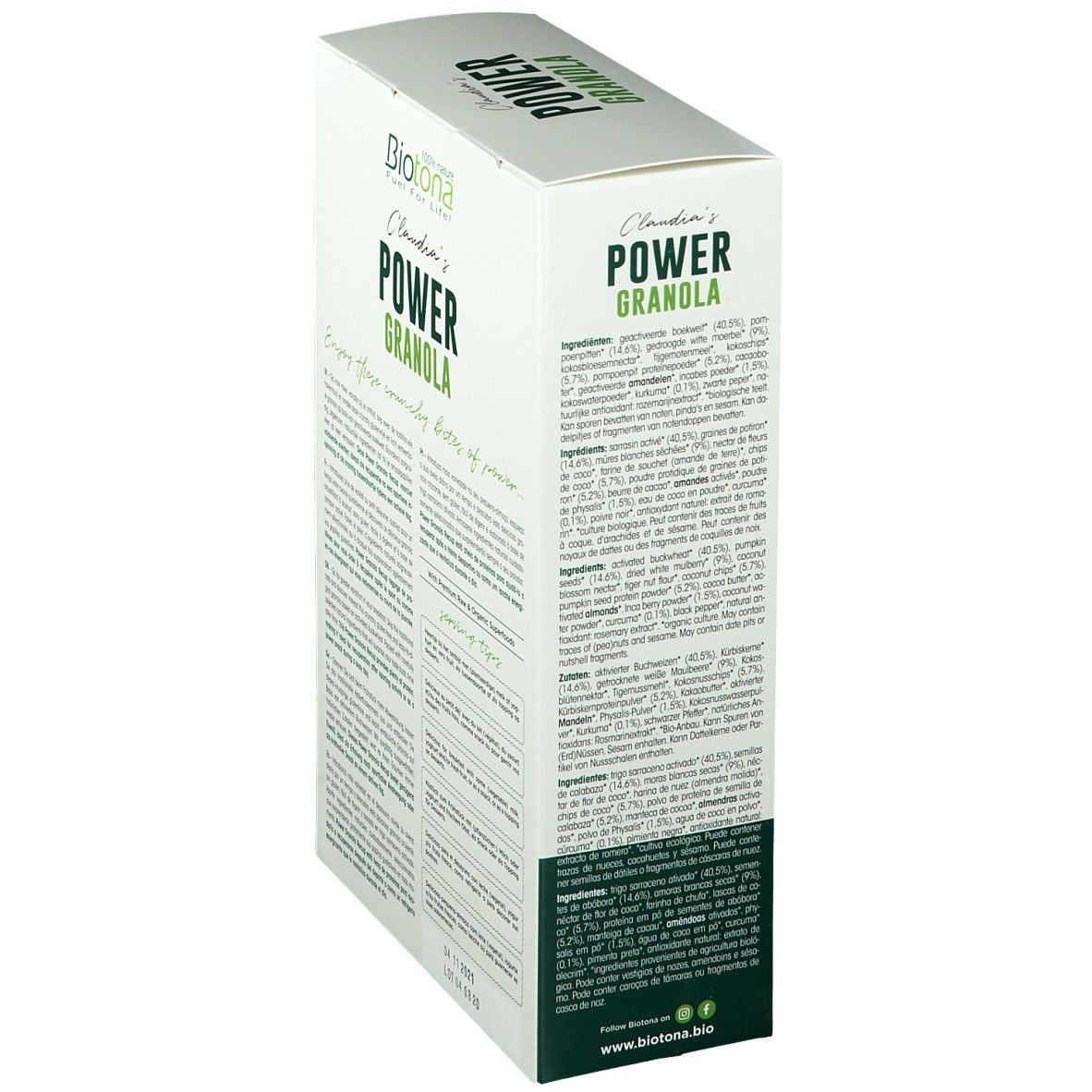 Verpakking van Power Granola Recup. Opschrift: Power Granola. Met ingrediëntenlijst en voedingswaarde.