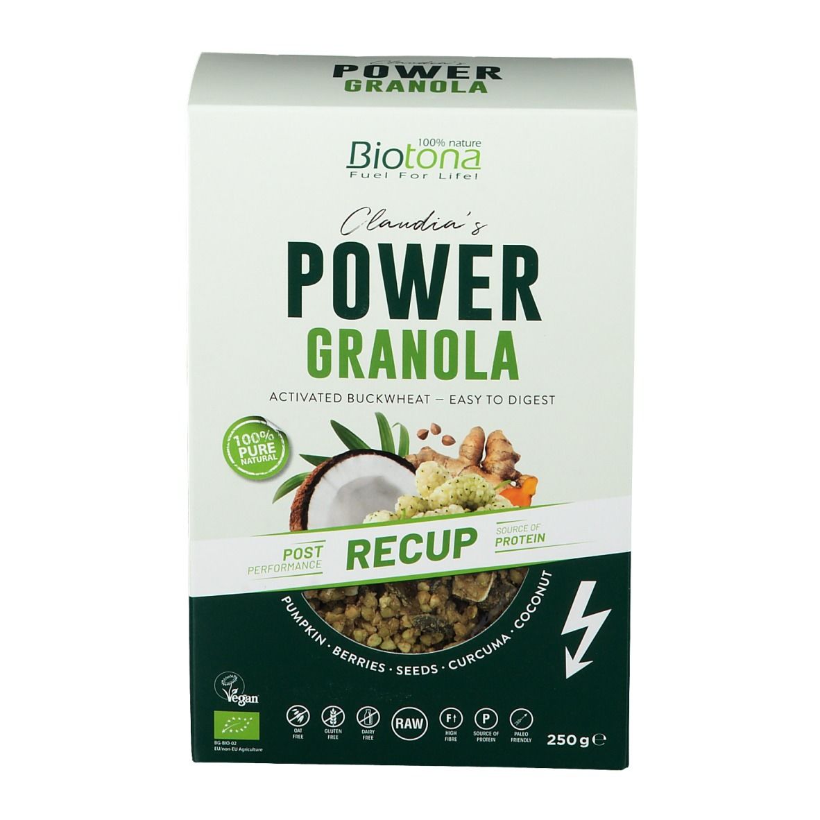 Verpakking van Power Granola Recup. Opschrift: Power Granola, Post Recup, 250g. Met kokos, gember en pompoen.