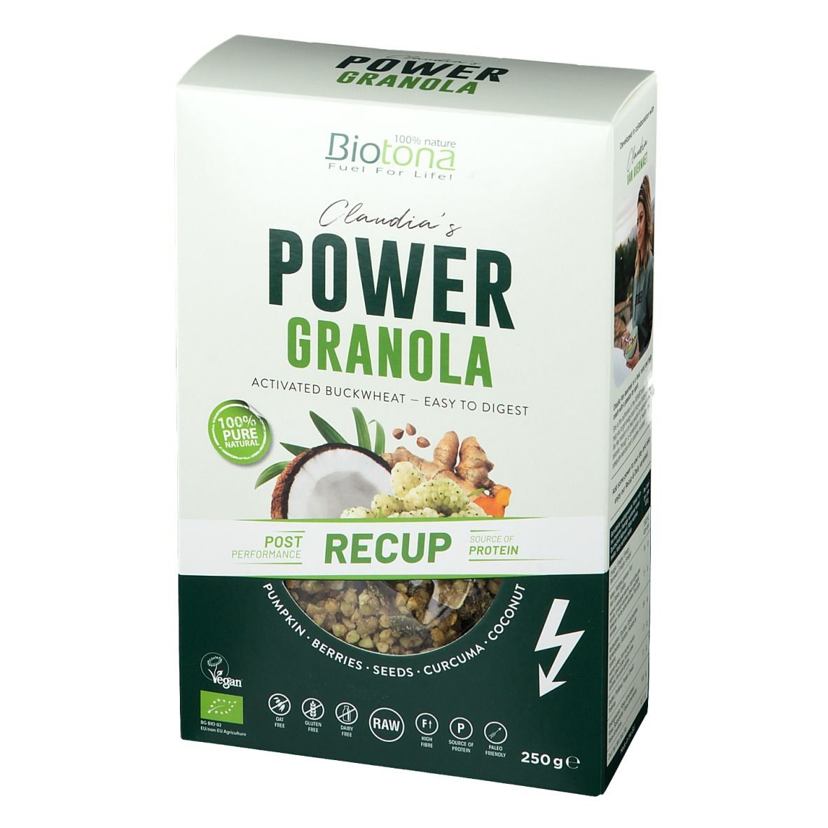 Verpakking van Power Granola Recup. Opschrift: Power Granola, Post Recup, 250g. Met kokos, gember en pompoen.