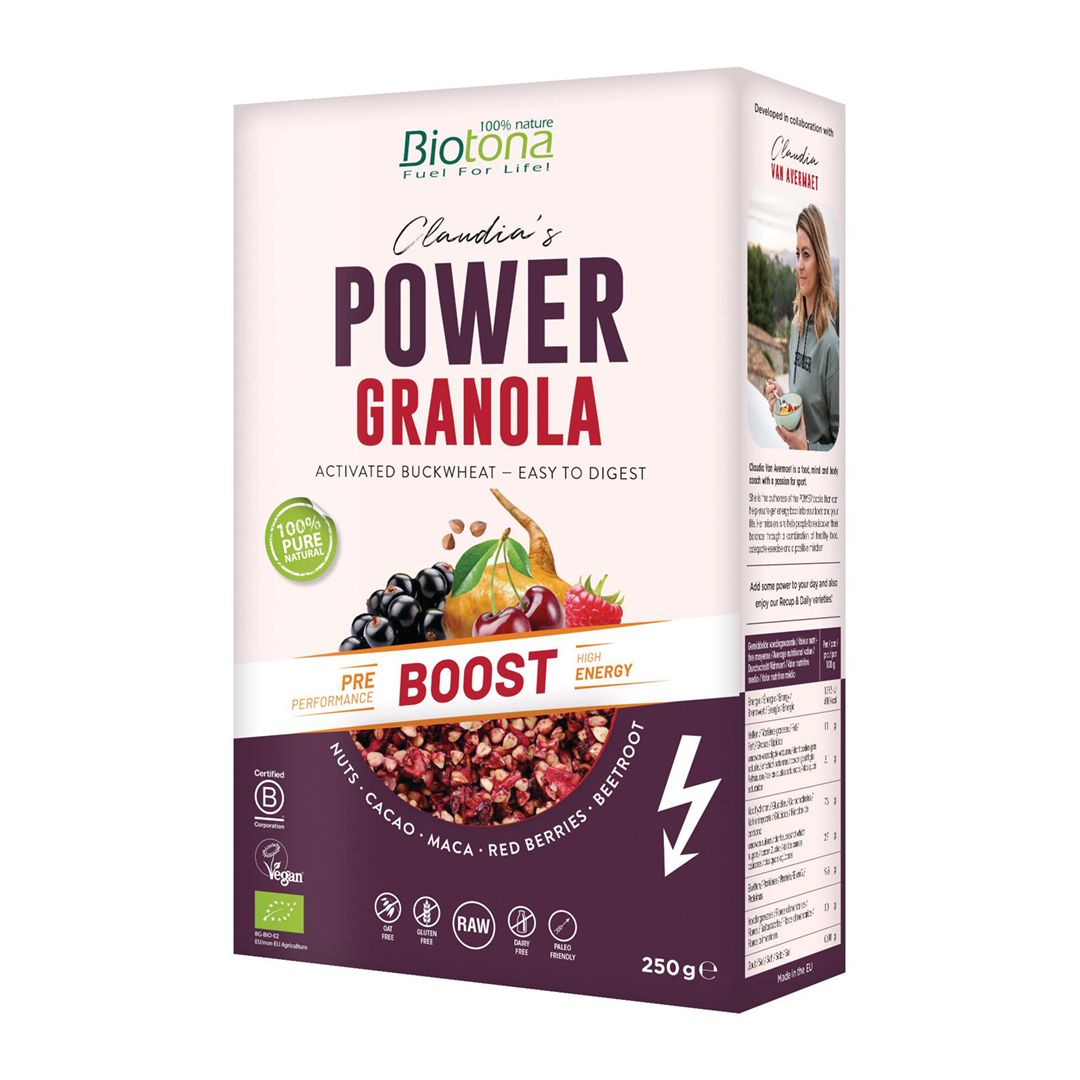Verpakking Biotona Power Granola. Opschrift: Power Granola, 250g, ingrediënten, vrouw met muesli. Bio-label.