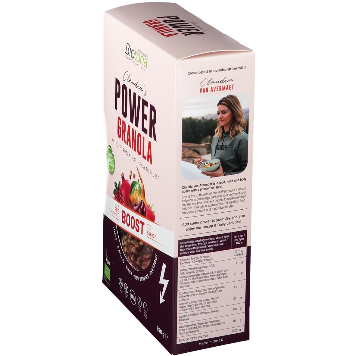 Verpakking Biotona Power Granola. Opschrift: Power Granola, ingrediënten, voedingswaarde, vrouw met muesli. Bio-label.