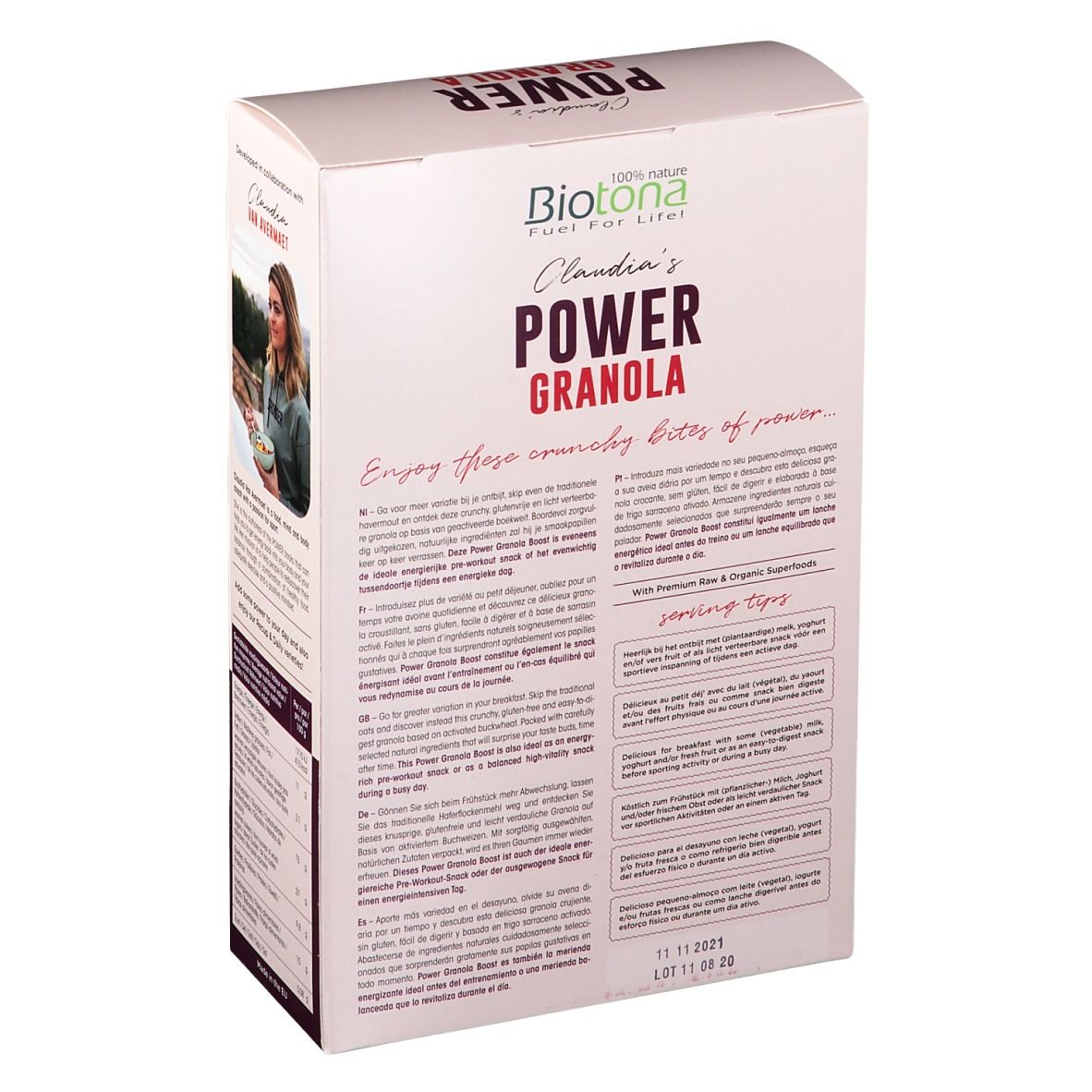 Verpakking Biotona Power Granola. Opschrift: Power Granola, tekst, vrouw met muesli, houdbaarheidsdatum. Bio-label.