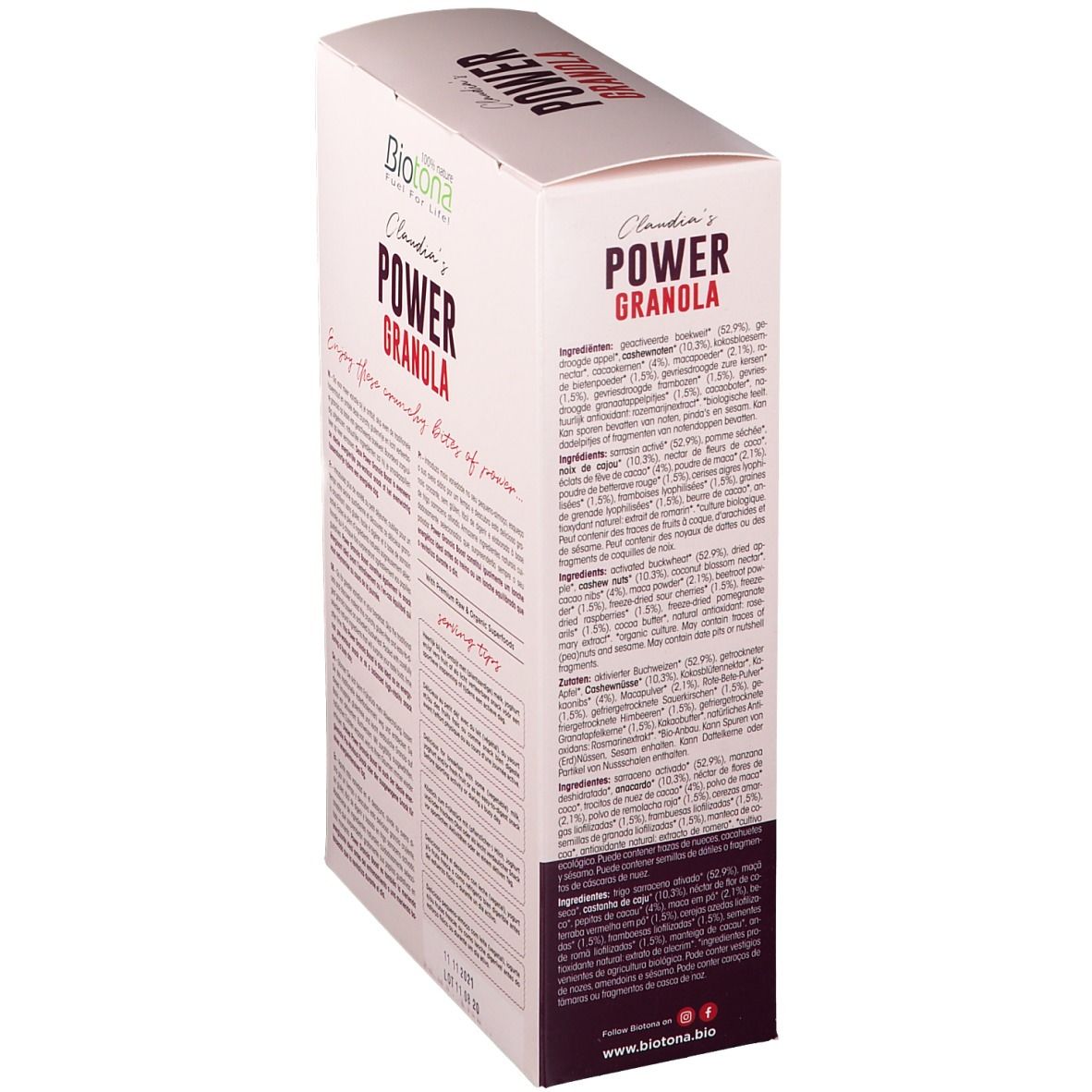 Verpakking Biotona Power Granola. Opschrift: Power Granola, ingrediëntenlijst, voedingswaarde. Bio-label.