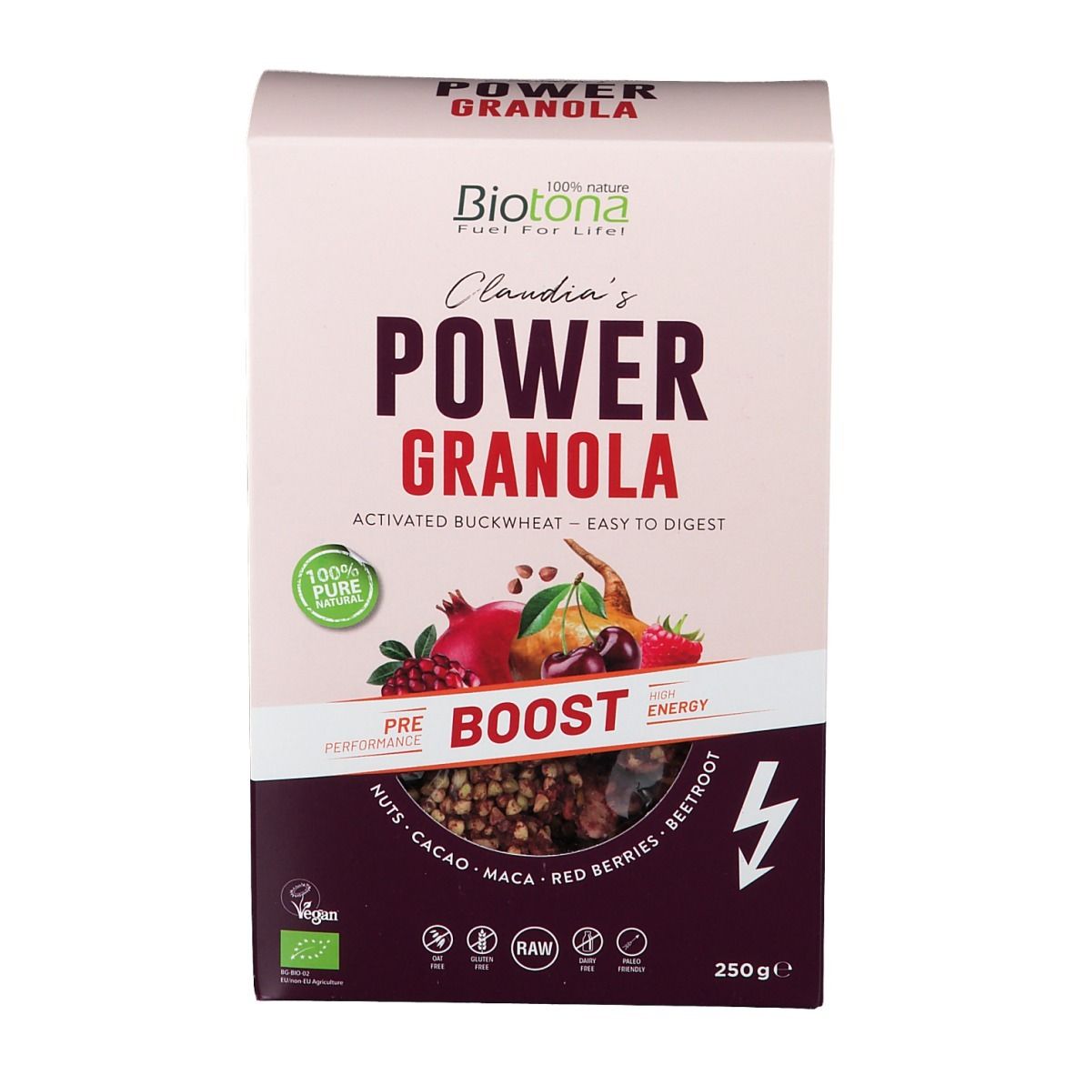 Verpakking Biotona Power Granola. Opschrift: Power Granola, 100% natuurlijk, 250g, ingrediënten, fruit. Bio-label.