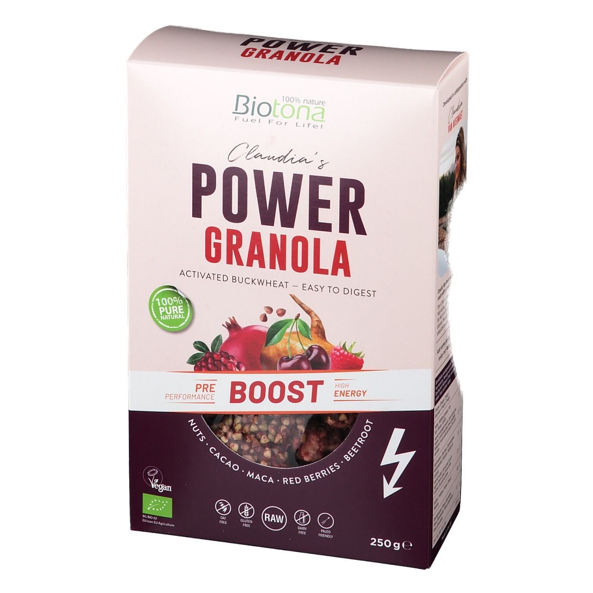 Verpakking Biotona Power Granola. Opschrift: Power Granola, 100% natuurlijk, 250g, ingrediënten, fruit. Bio-label.