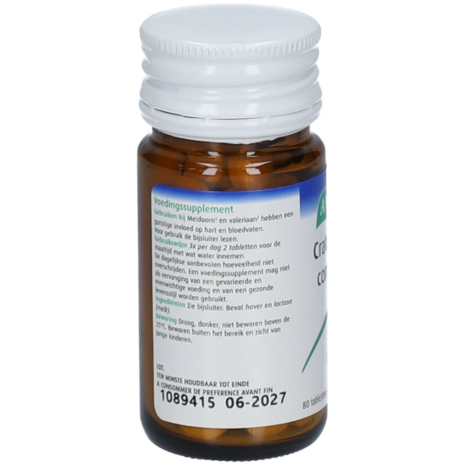 Achterkant fles. Tekst over voedingssupplement, ingrediënten en bewaring. Ten minste houdbaar tot.