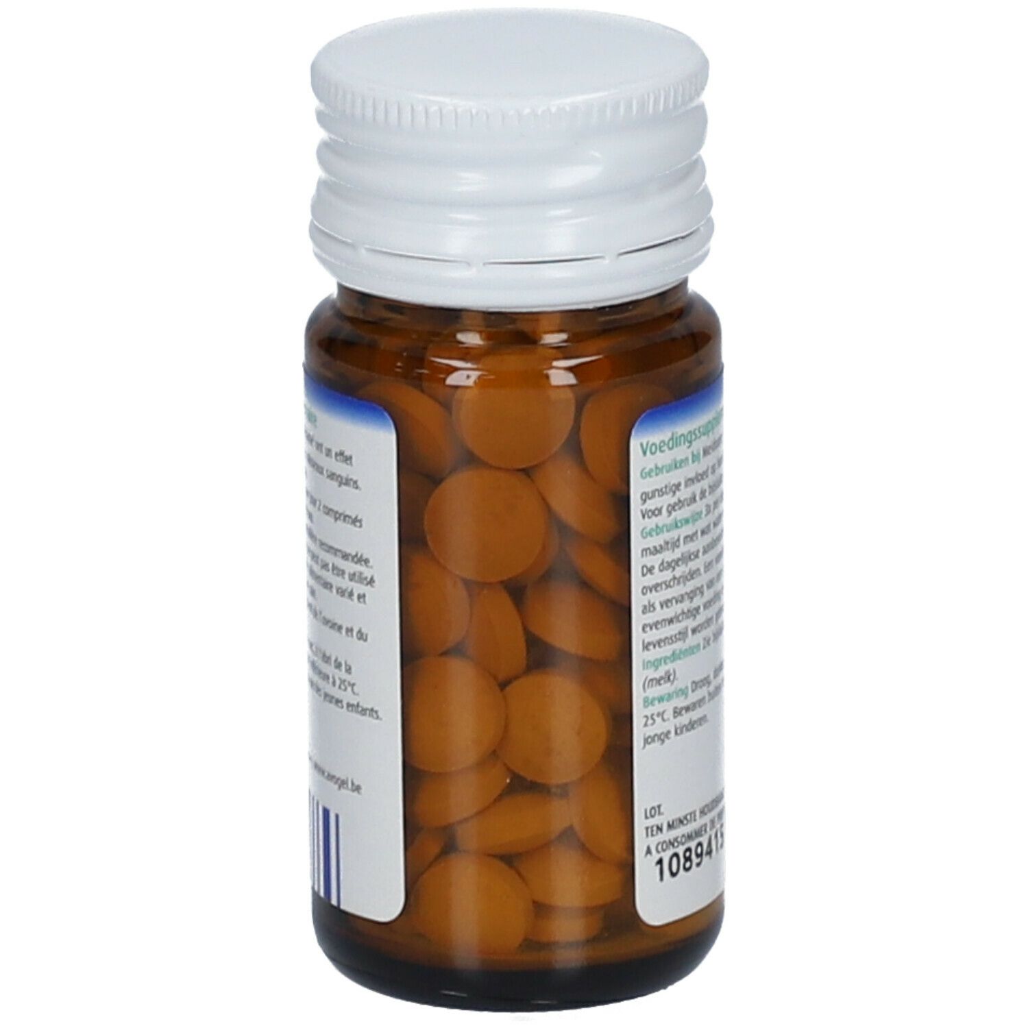 Bruine tabletten in bruine glazen fles met witte dop. Vorm van de tabletten.