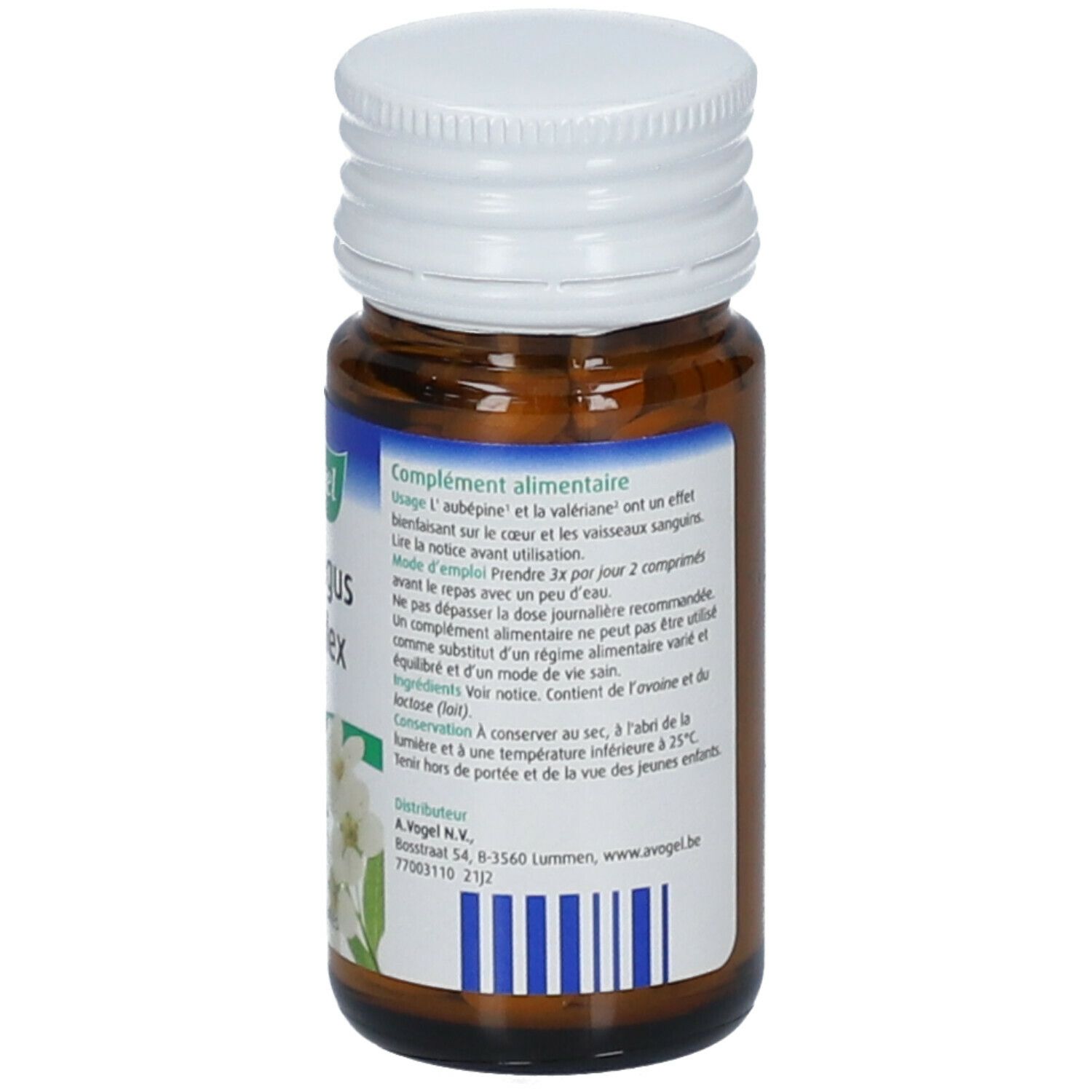 Achterkant fles. Tekst over voedingssupplement, ingrediënten en bewaring. Ten minste houdbaar tot.
