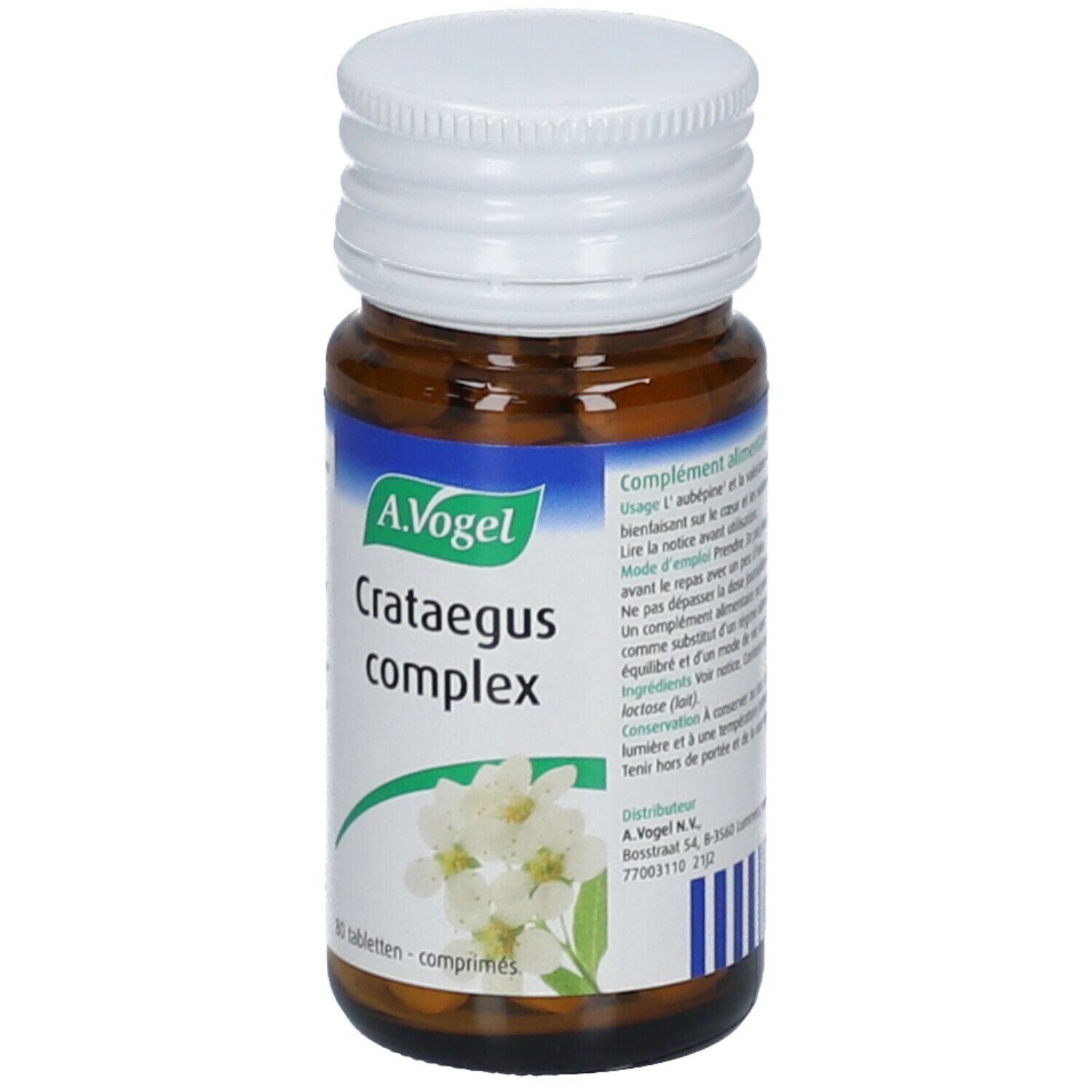 Bruine glazen fles, witte dop. Etiket met A.Vogel, Crataegus complex en bloemen. 80 tabletten.