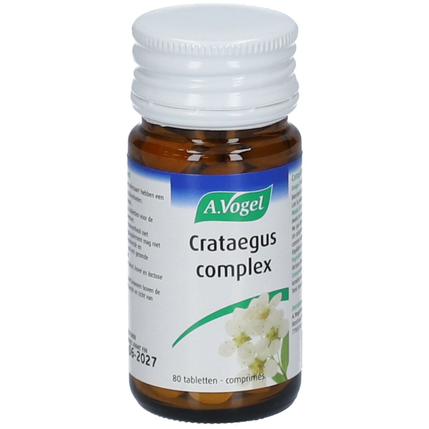 Bruine glazen fles, witte dop. Etiket met A.Vogel, Crataegus complex en bloemen. 80 tabletten.