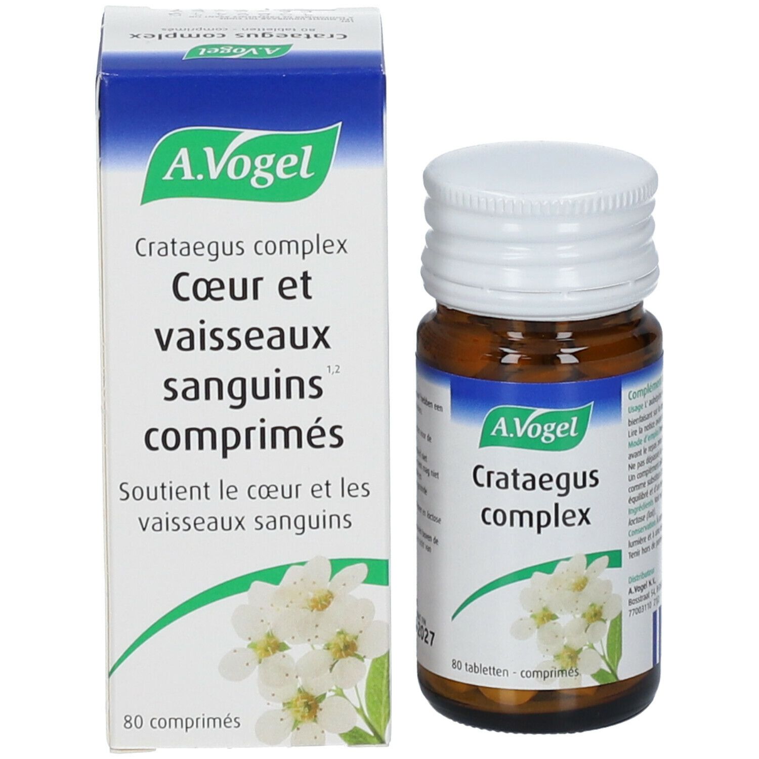 Productverpakking met fles en doos. A.Vogel, Crataegus complex, 80 tabletten. Franse tekst.