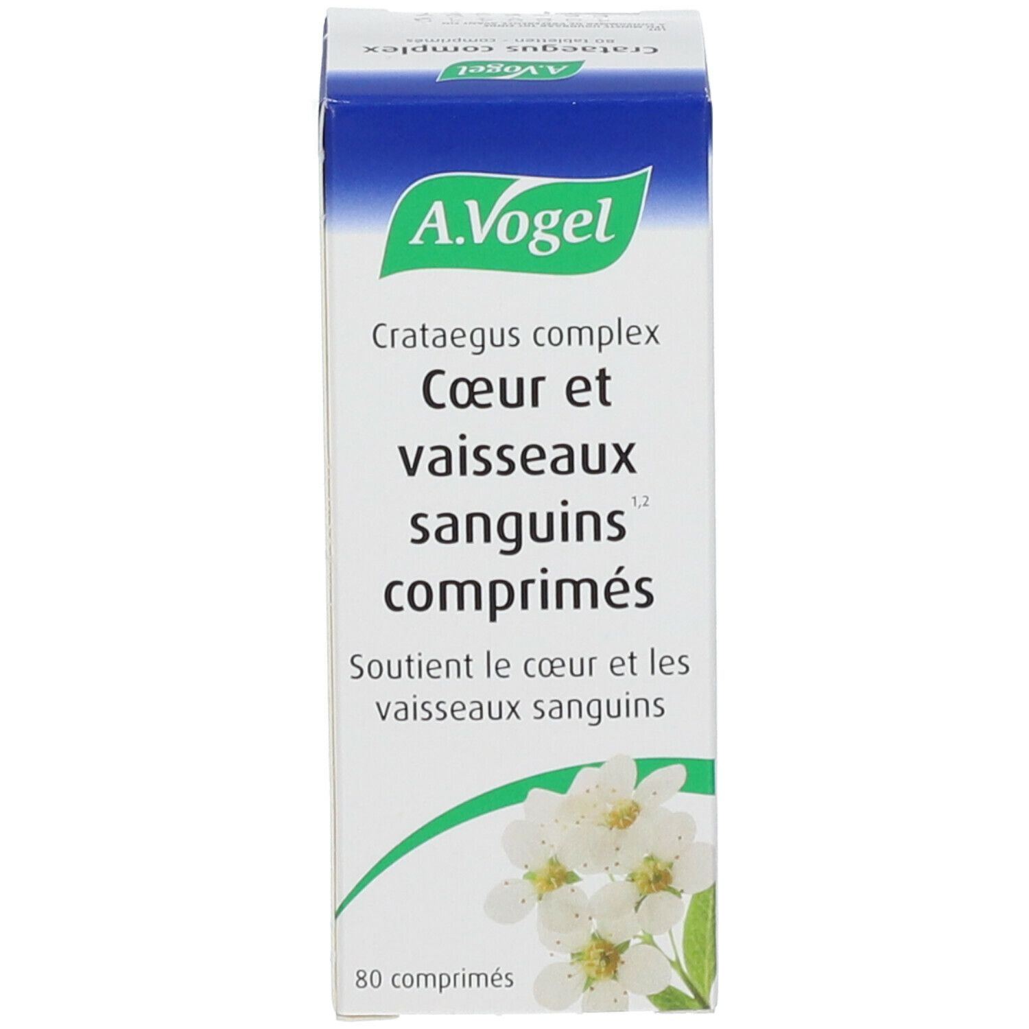 Productverpakking, doos. A.Vogel, Crataegus complex, 80 tabletten. Franse tekst.