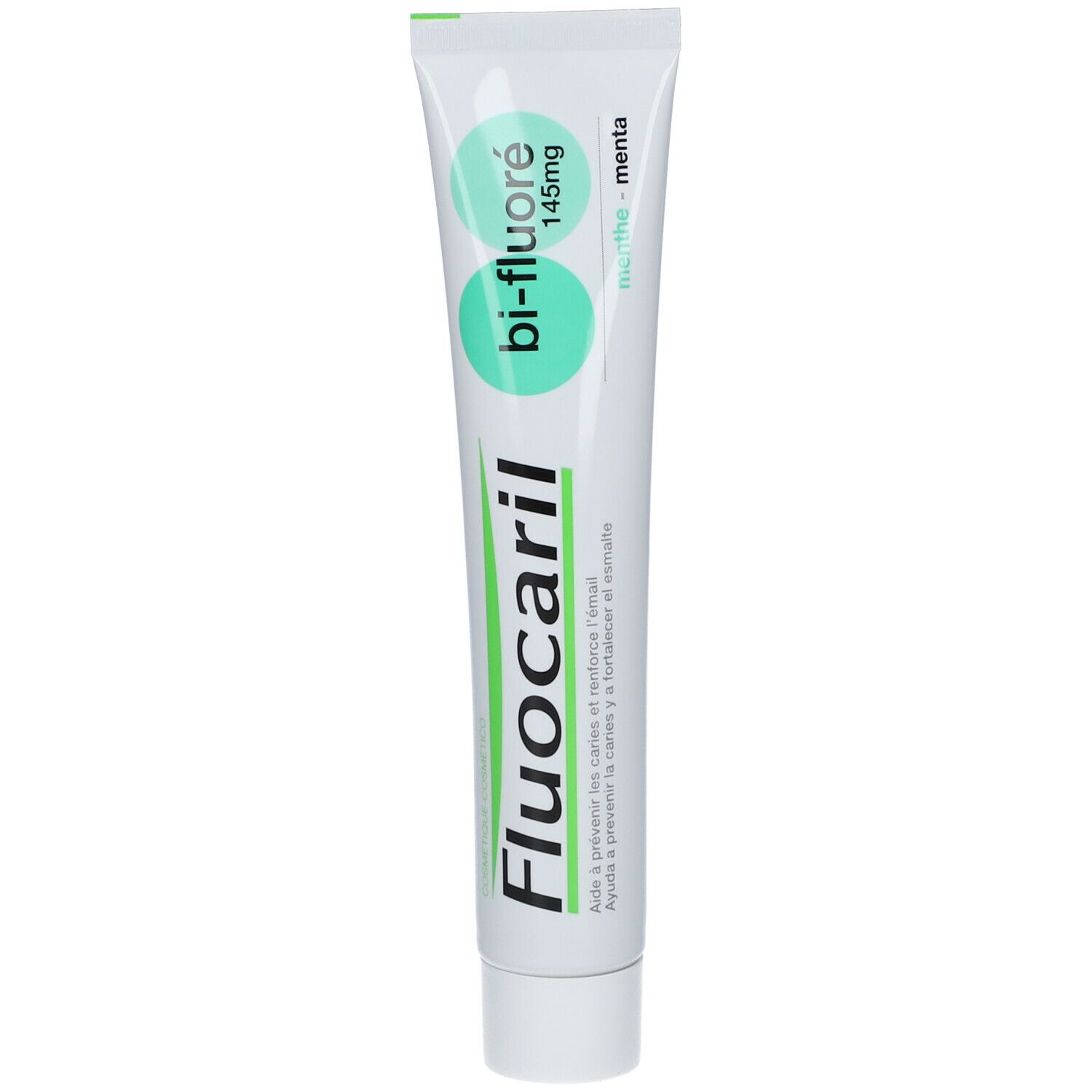 Weiße Tube mit grüner Schrift: Fluocaril, Bi-Fluoré 145mg, Minze. Grüner Streifen am oberen Ende.