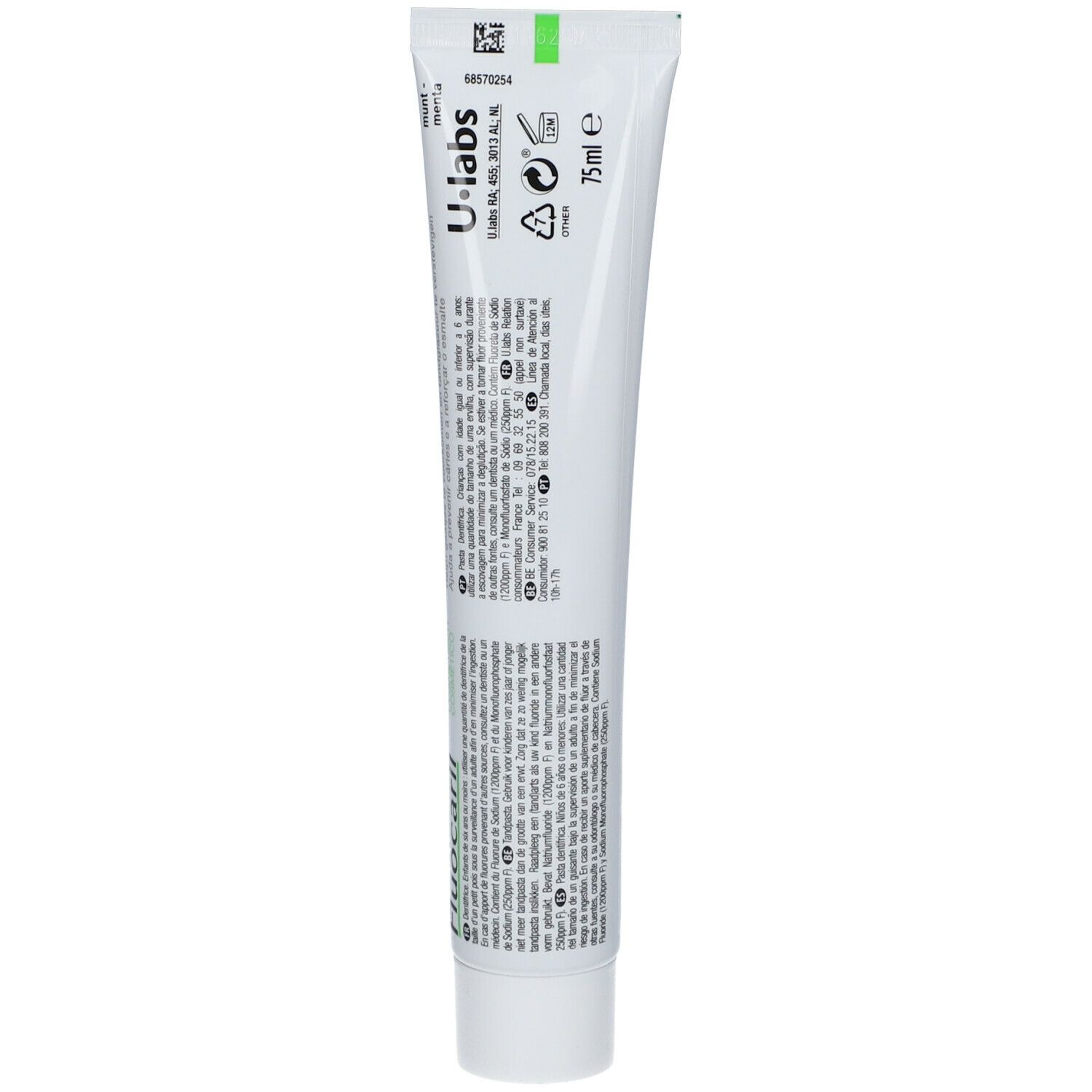Rückseite der Tube. Text in mehreren Sprachen. U-labs-Logo, 75ml, Recycling-Symbole. Grüner Streifen.