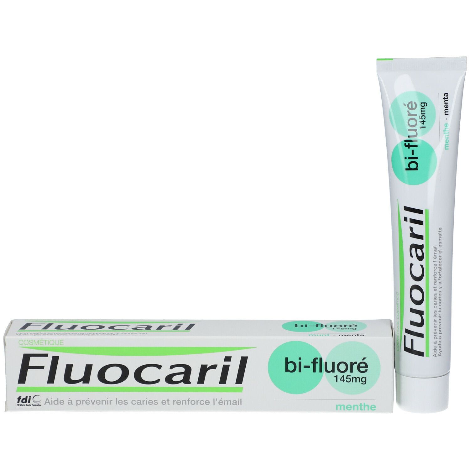 Zahnpasta-Tube und Schachtel. Tube: weiß, grün. Schachtel: weiß, grün. Aufschrift: Fluocaril, Bi-Fluoré.