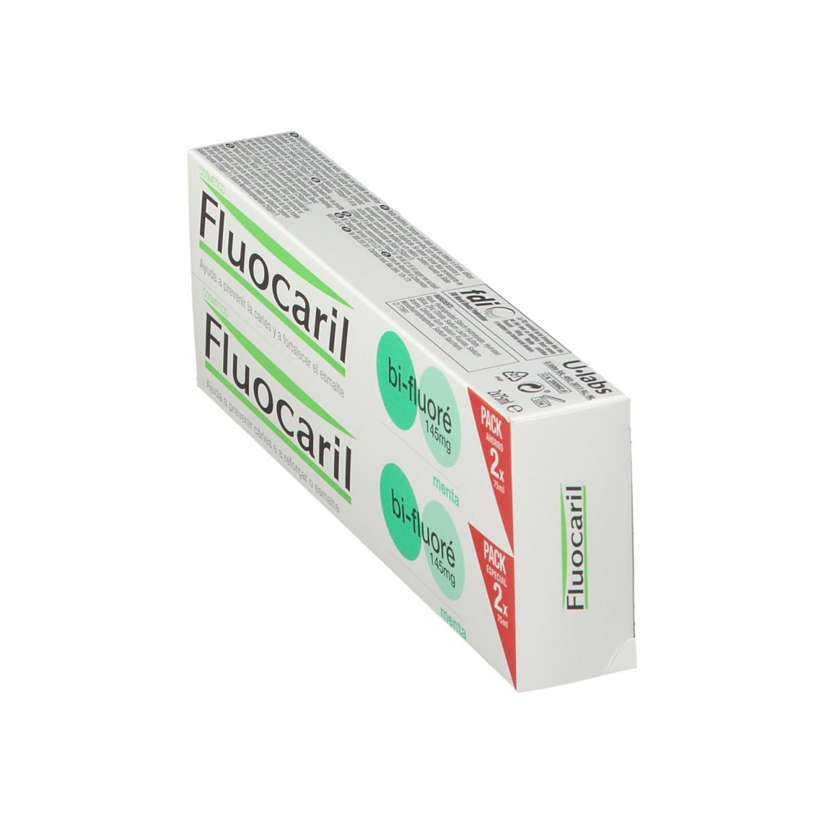 Zwei Schachteln Zahnpasta. Weiß, grün. Aufschrift: Fluocaril, Bi-Fluoré 145mg. Packung mit 2.
