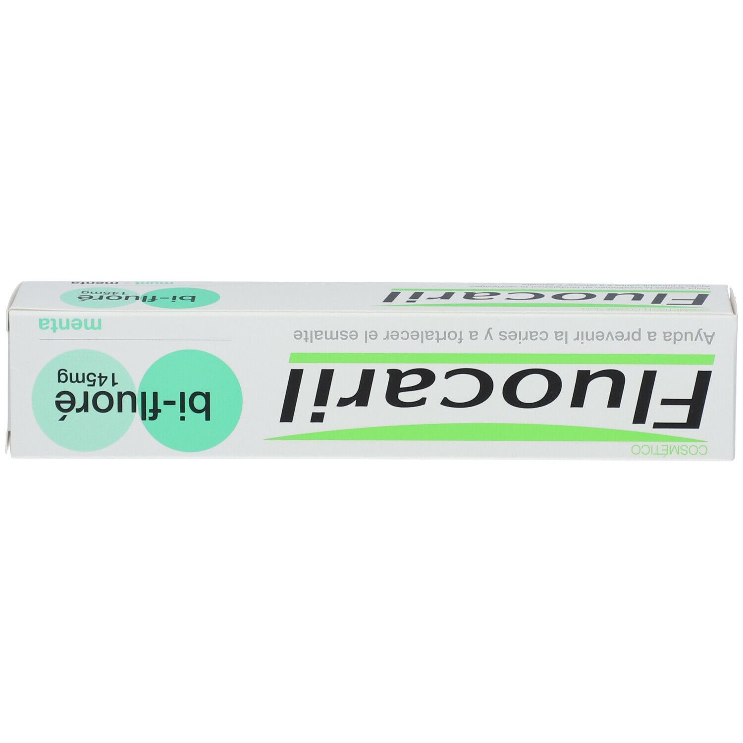 Zahnpasta-Schachtel. Weiß, grün. Aufschrift: Fluocaril, Bi-Fluoré 145mg, Minze. Text und Logo.