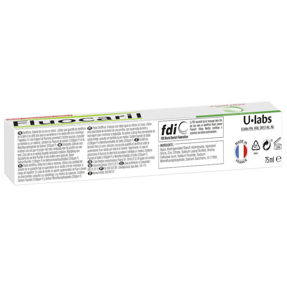 Rückseite der Zahnpasta-Schachtel. Text in mehreren Sprachen. U-labs-Logo, 75ml, Recycling-Symbole, fdiC-Logo.