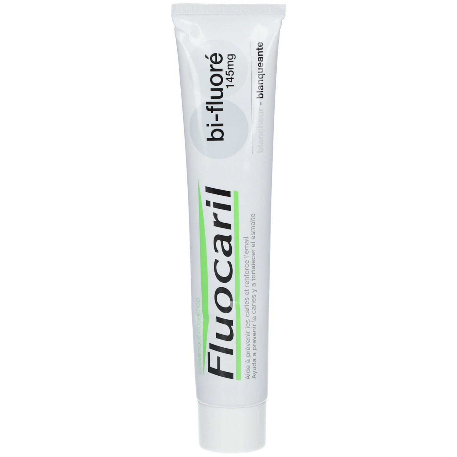 Zahnpasta-Tube, weiß, mit grünem und schwarzem Text. Aufschrift: Fluocaril, Bi-Fluoré 145mg.