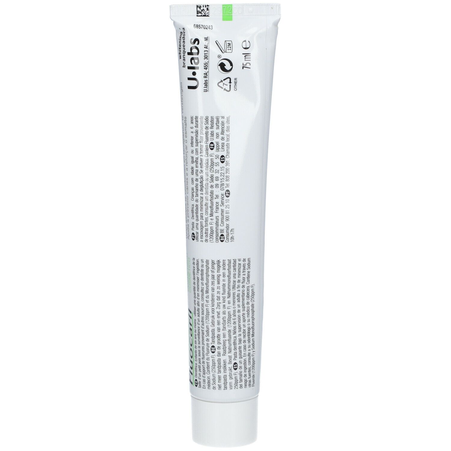 Rückseite der Zahnpasta-Tube. Text in mehreren Sprachen. U-Labs Logo. 75ml.