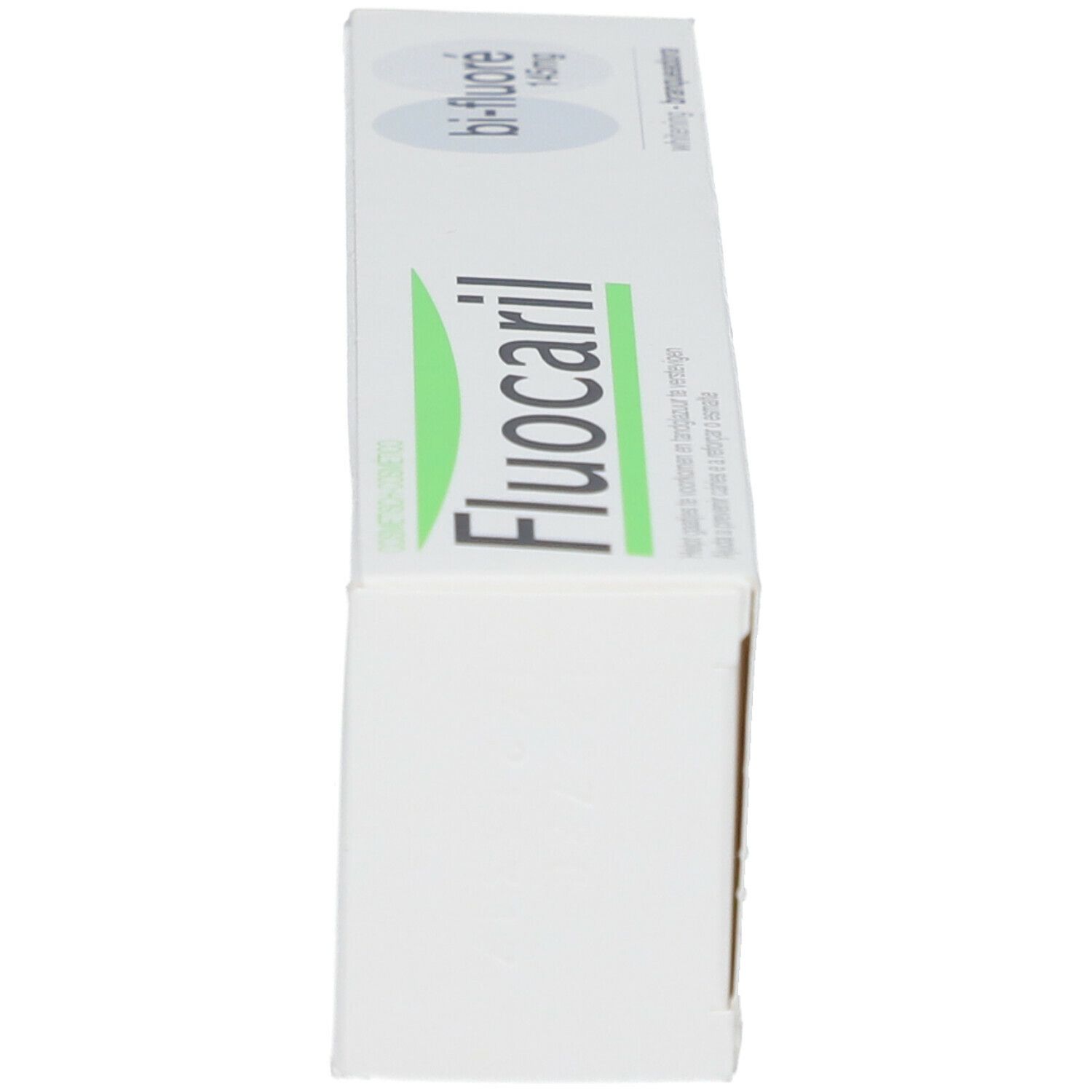 Zahnpasta-Schachtel, weiß, mit grünem und schwarzem Text. Aufschrift: Fluocaril, Bi-Fluoré 145mg.