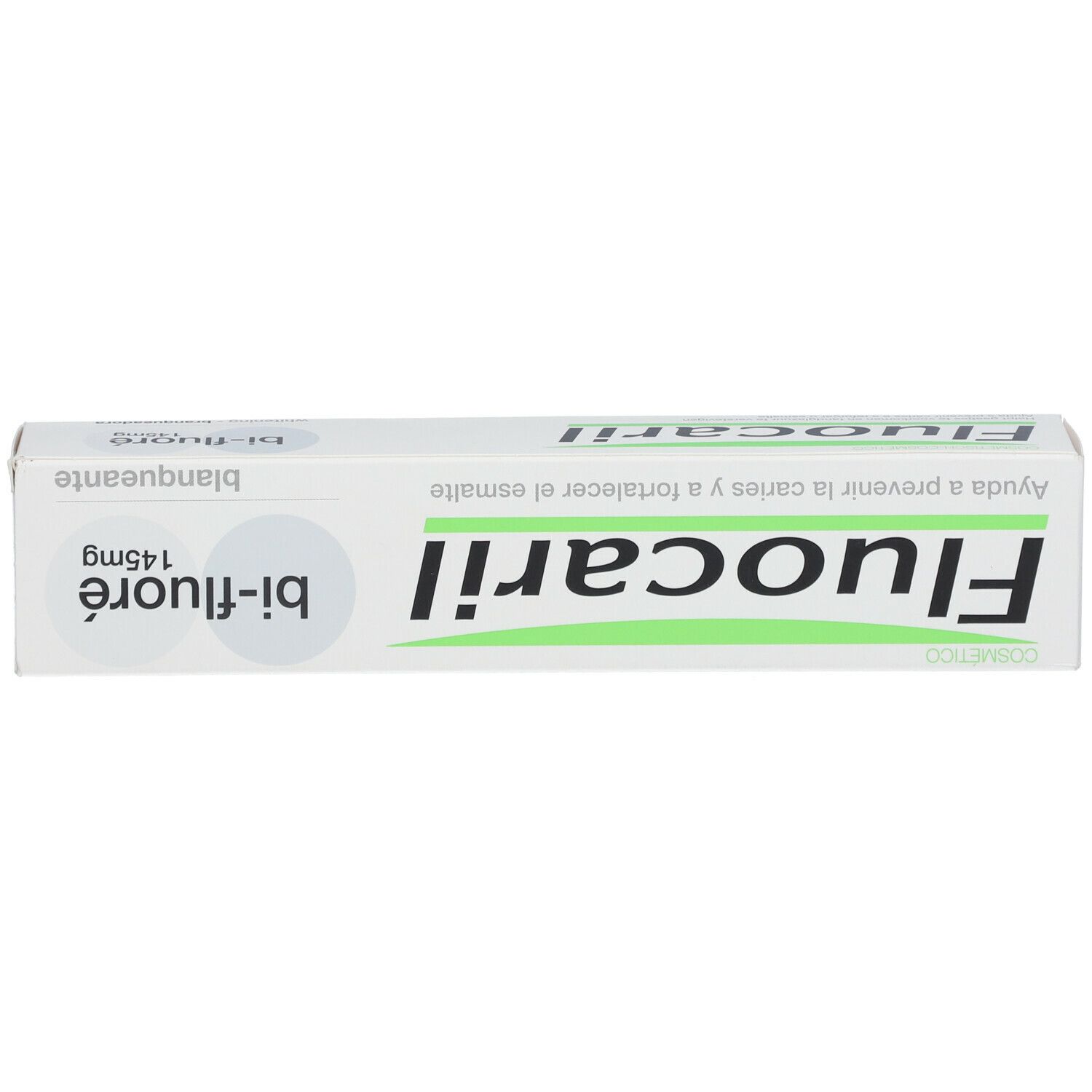 Zahnpasta-Schachtel, weiß, mit grünem und schwarzem Text. Aufschrift: Fluocaril, Bi-Fluoré 145mg.