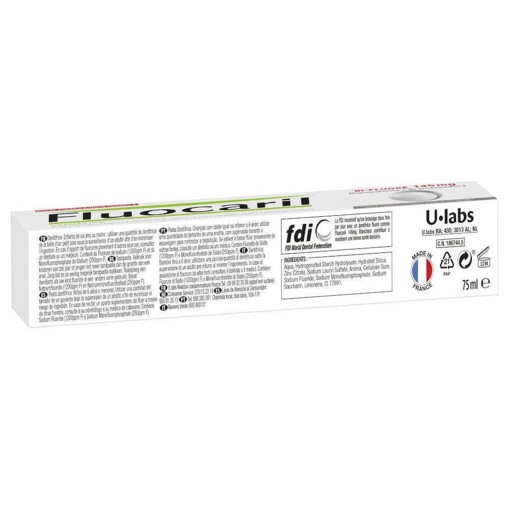 Rückseite der Zahnpasta-Tube. Text in mehreren Sprachen. U-Labs Logo. 75ml. Hergestellt in Frankreich.