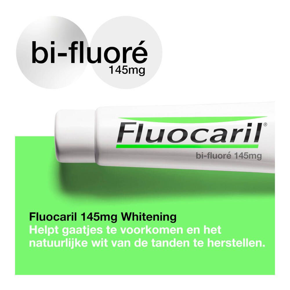 Zahnpasta-Tube und zwei Kreise mit Text. Aufschrift: Fluocaril, Bi-Fluoré 145mg. Grün-weißer Hintergrund.