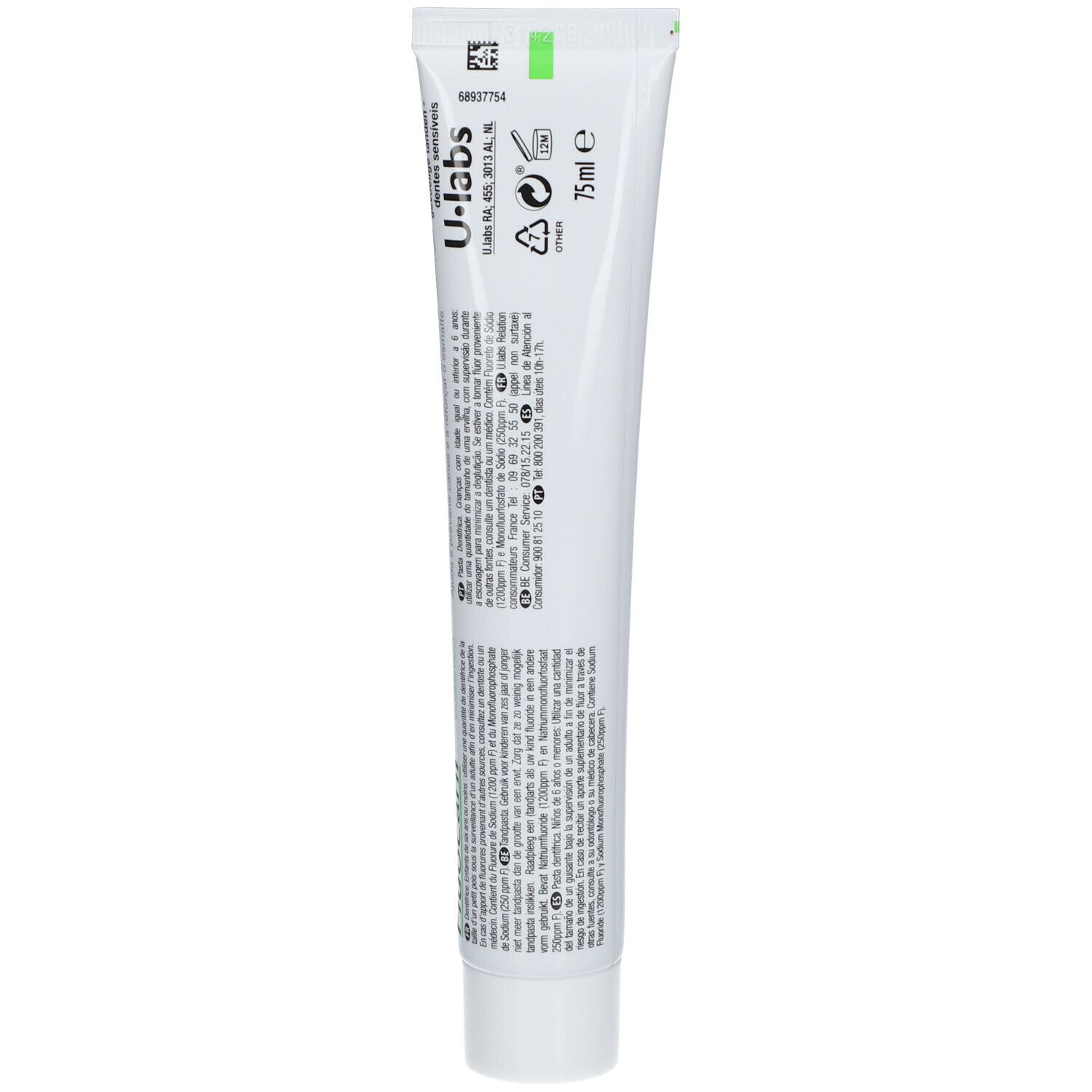 Achterkant van de tandpastatube. Meertalige tekst. U-labs logo. 75ml. Gemaakt in Frankrijk. Ingrediënten.
