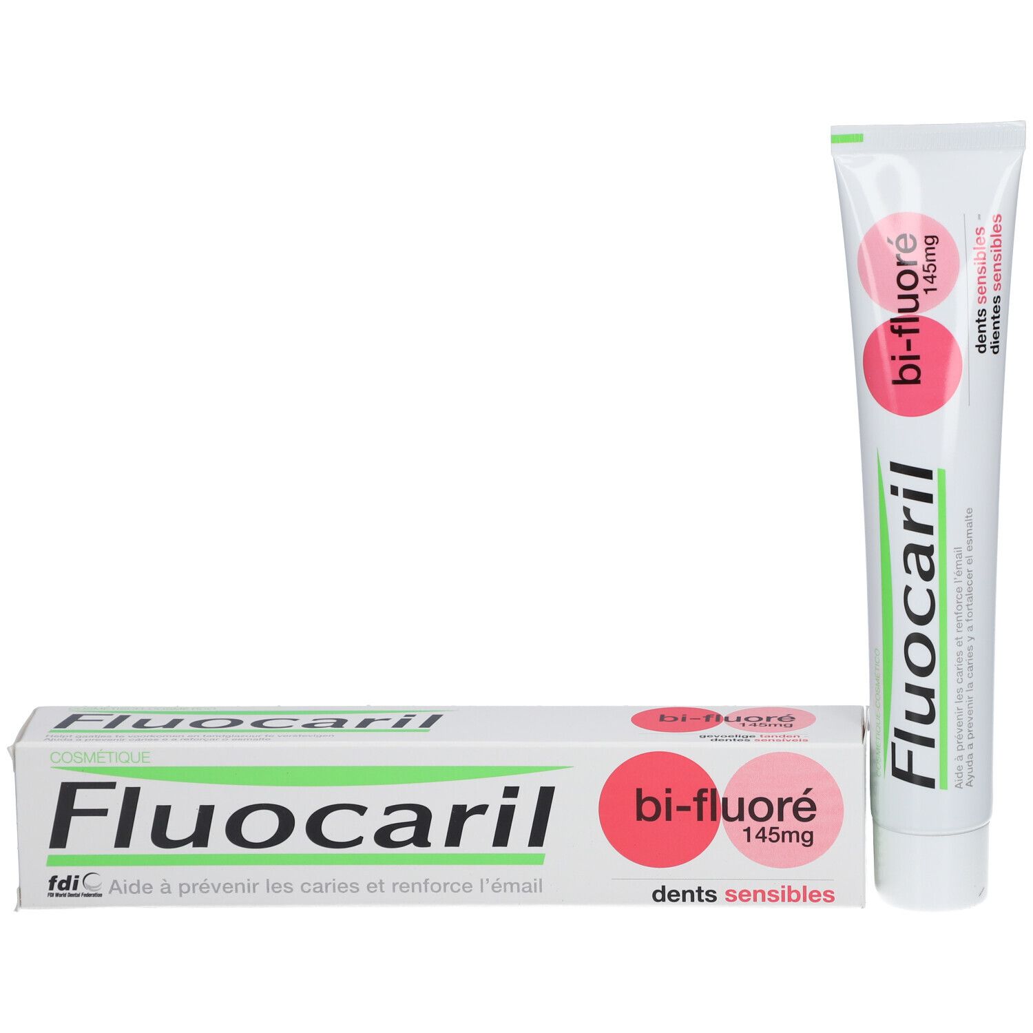 Tandpastatube en -doos. Opschrift: Fluocaril, Bi-Fluoré 145mg, Dents sensibles. Witte tube en doos.