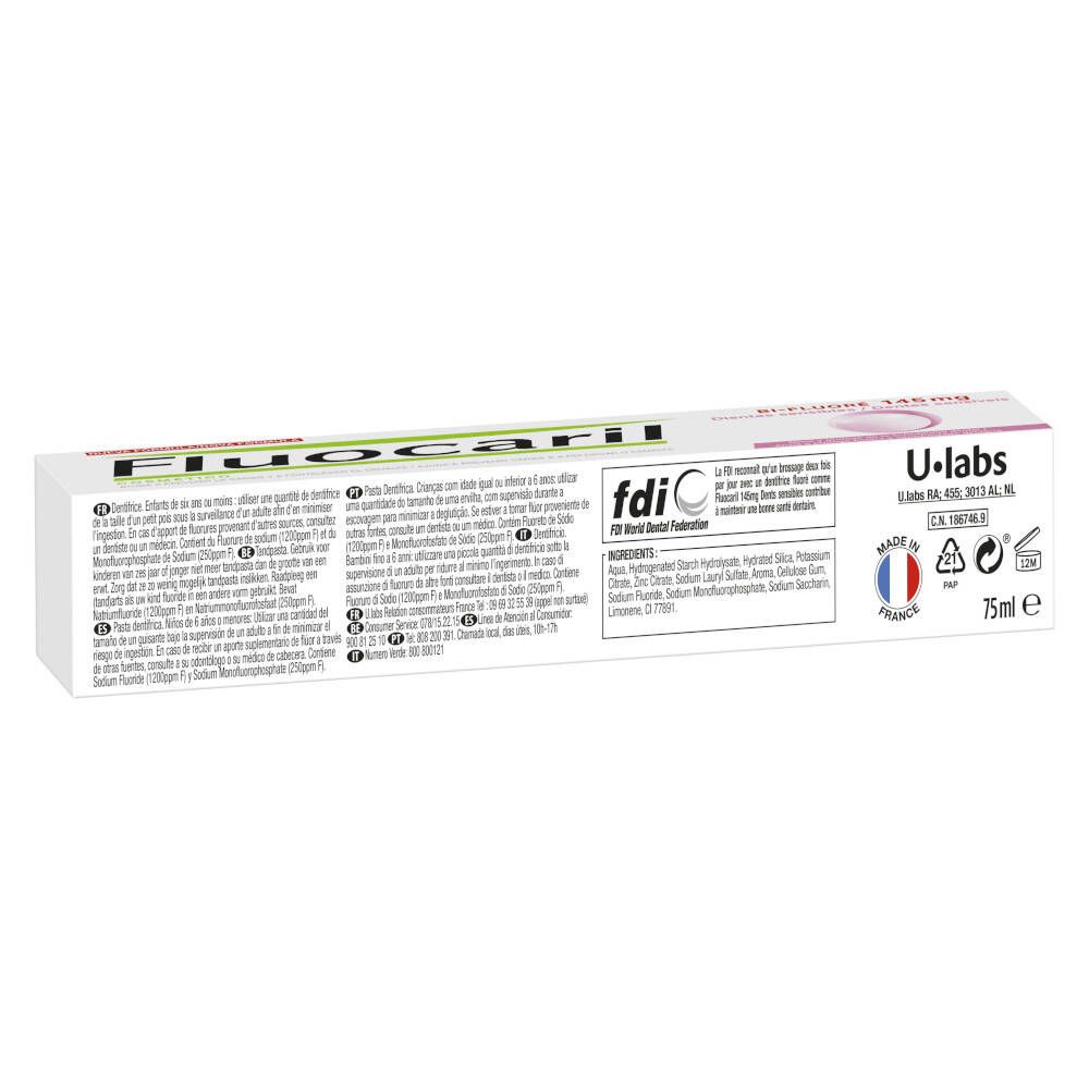 Achterkant van de tandpastatube. Meertalige tekst. U-labs logo. 75ml. Gemaakt in Frankrijk. Ingrediënten.