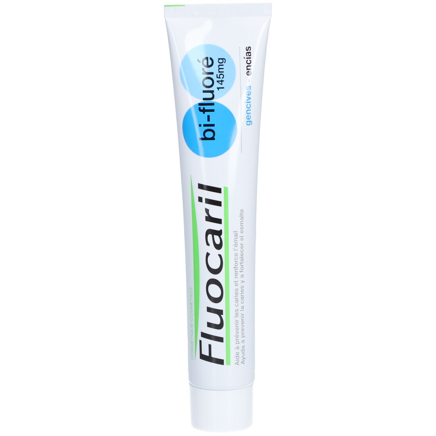 Tube de dentifrice Fluocaril. Tube blanc avec texte bleu et vert. Graphique bleu en forme de bulle.