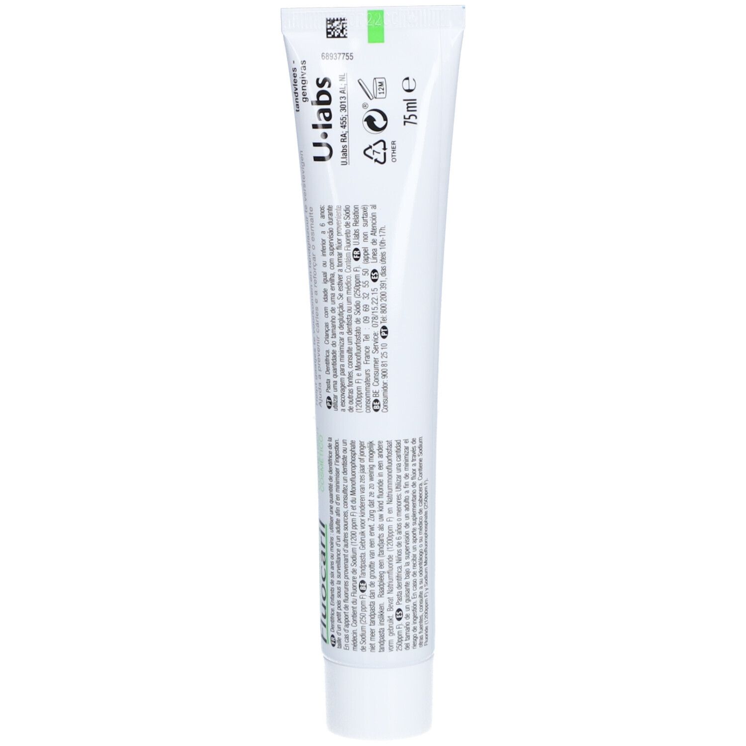 Dos du tube de dentifrice. Texte multilingue. Logo U-labs. 75ml. Bande verte.