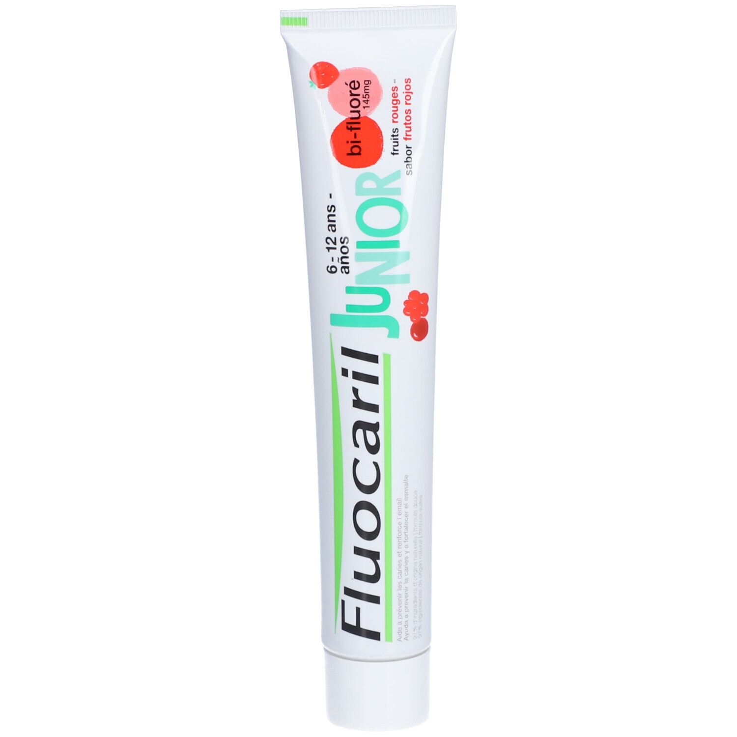 Tandpastatube. Fluocaril Junior, 6-12 jaar. Bi-fluoré. Rode vruchten. Witte en rode tube met groene dop.