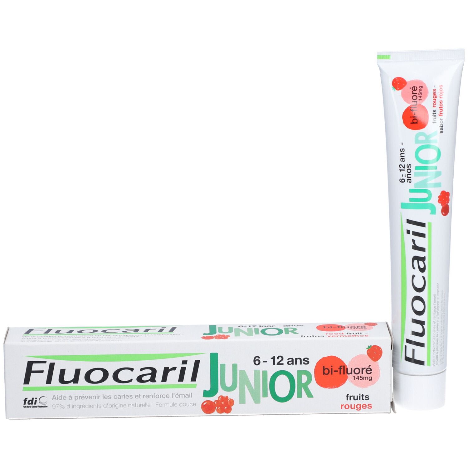 Tandpastatube en -verpakking. Fluocaril Junior, 6-12 jaar. Bi-fluoré. Rode vruchten. Tube en doos.