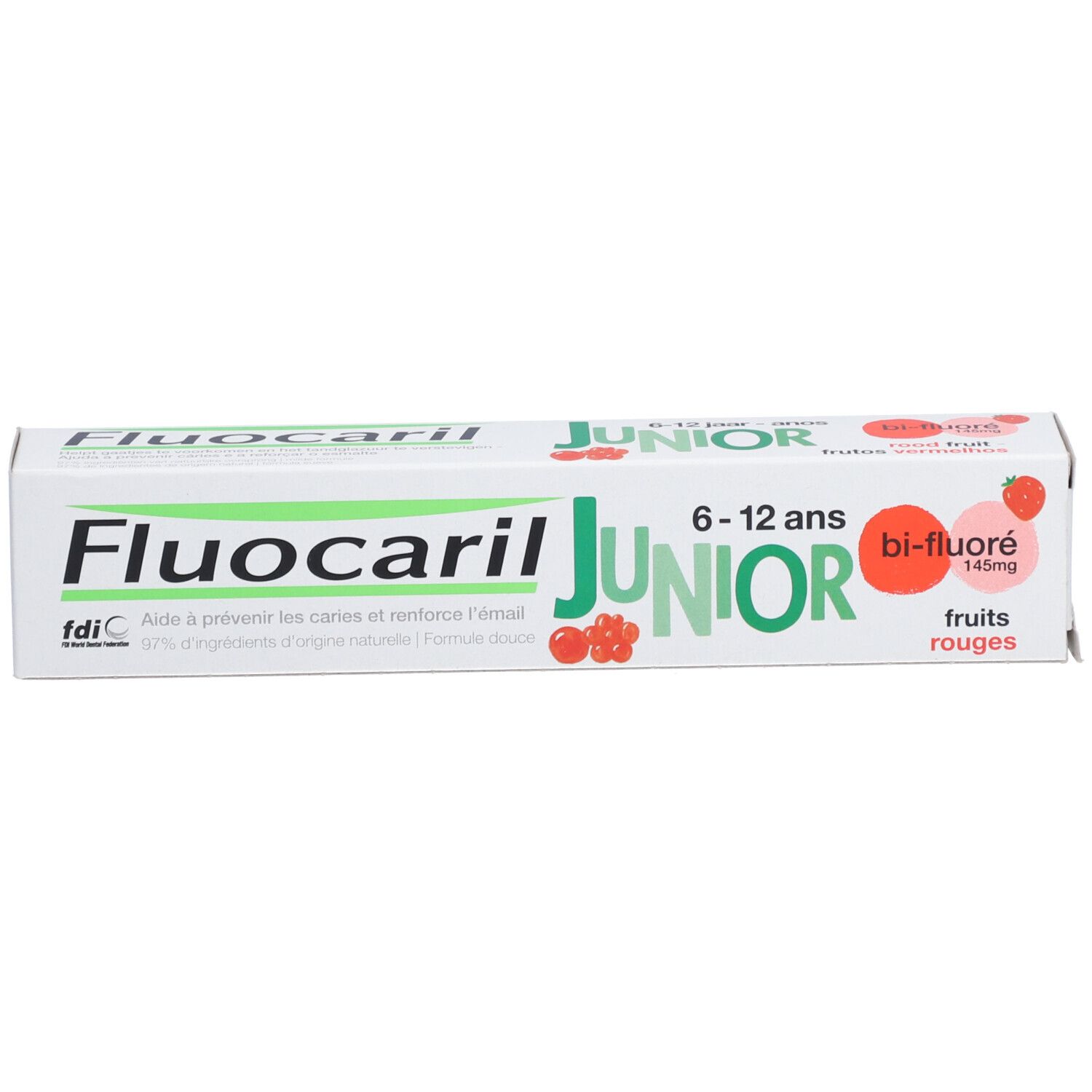 Tandpastaverpakking. Fluocaril Junior, 6-12 jaar. Bi-fluoré. Rode vruchten. Doos met productnaam.