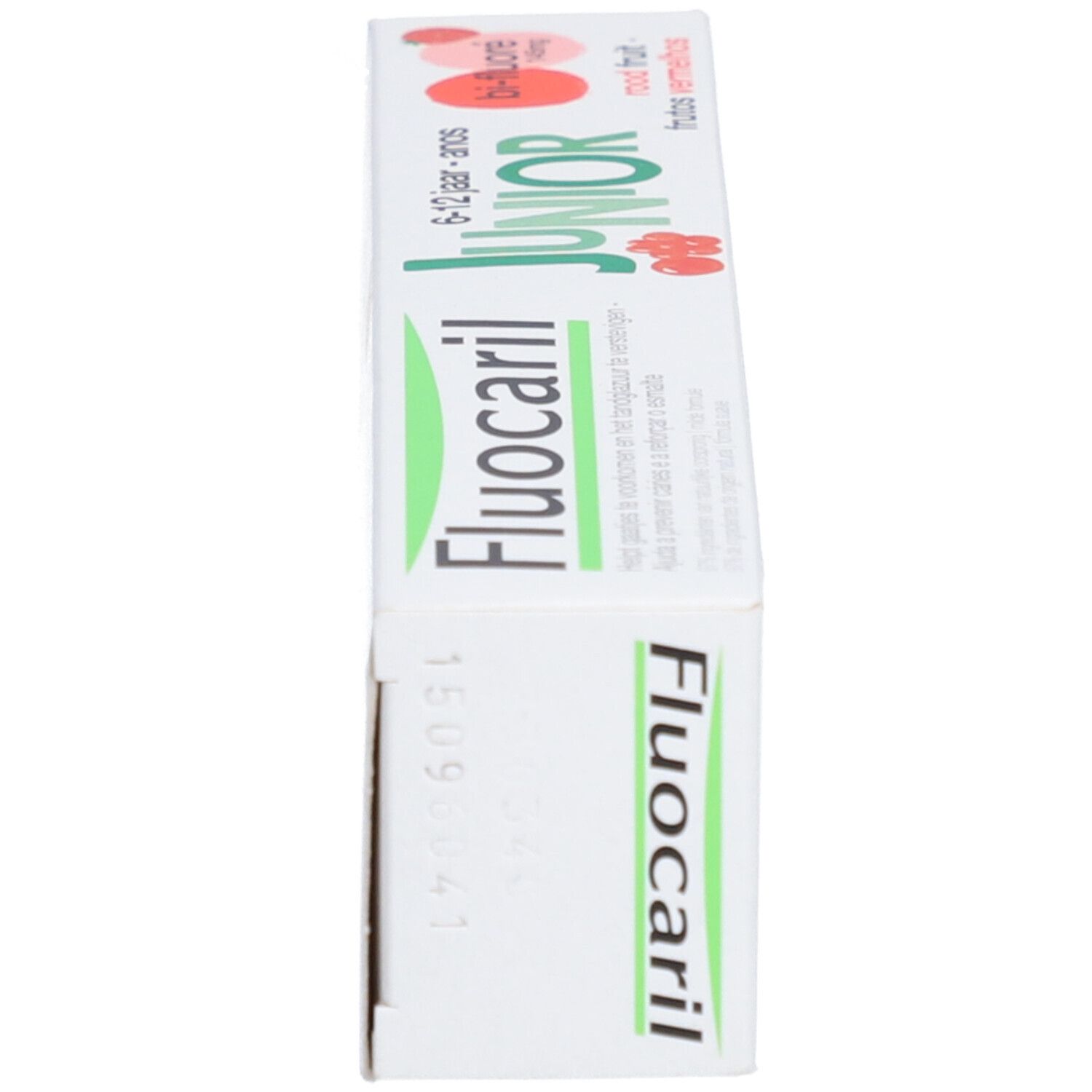 Tandpastaverpakking. Fluocaril Junior, 6-12 jaar. Bi-fluoré. Rode vruchten. Doos, zijaanzicht.