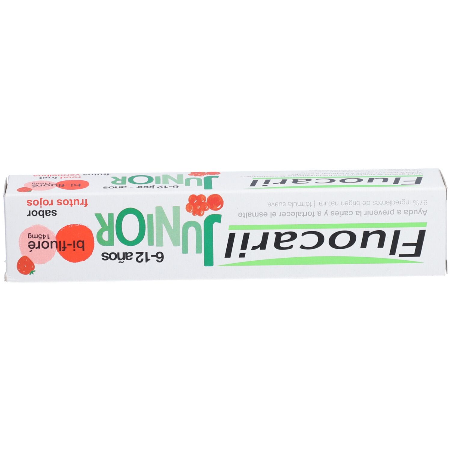 Tandpastaverpakking. Fluocaril Junior, 6-12 jaar. Bi-fluoré. Rode vruchten. Doos, bovenaanzicht.