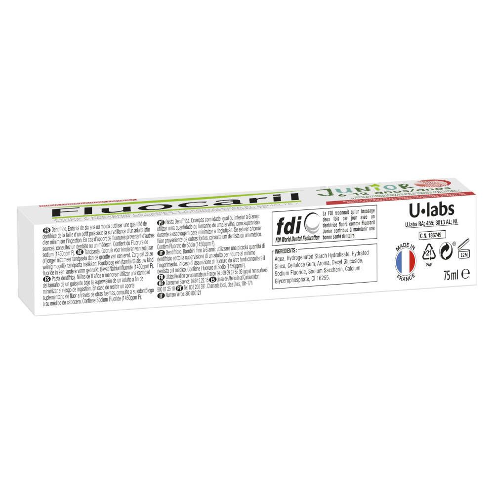 Achterkant van de tandpastaverpakking. Fluocaril Junior. Tekst in het Duits, Frans, Italiaans en Nederlands. Ingrediënten.