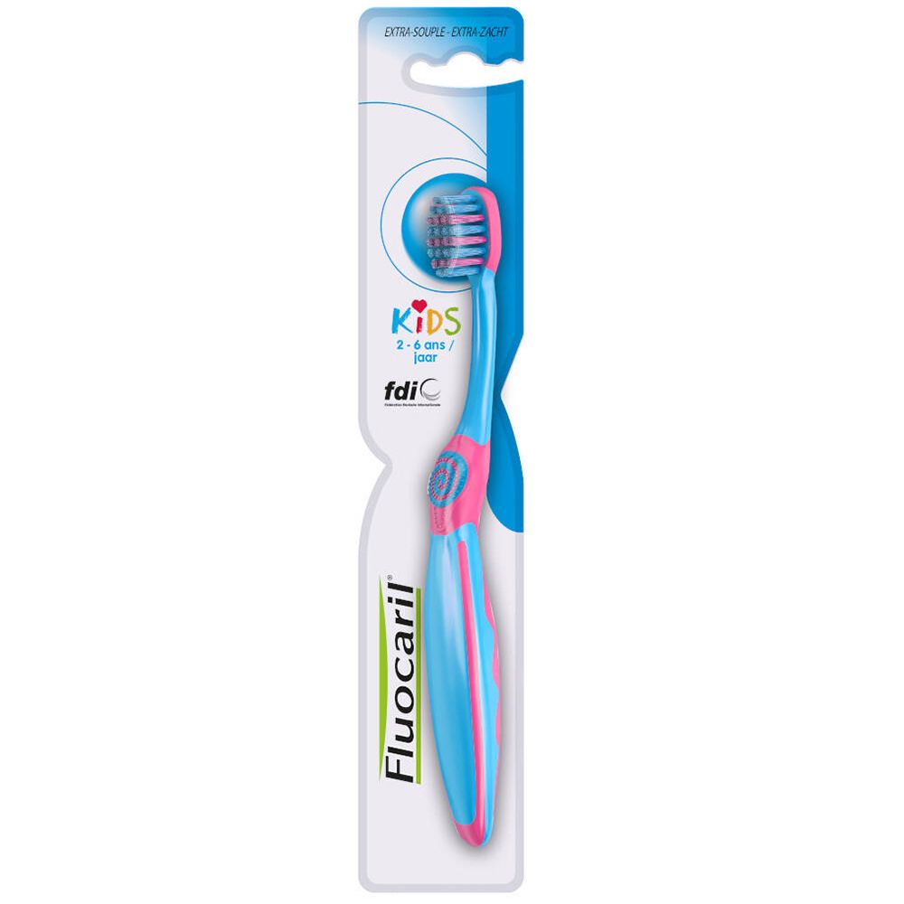 Blauw-roze kinder-tandenborstel in verpakking. Merk Fluocaril, fdiC-logo. Voor kinderen van 2-6 jaar.