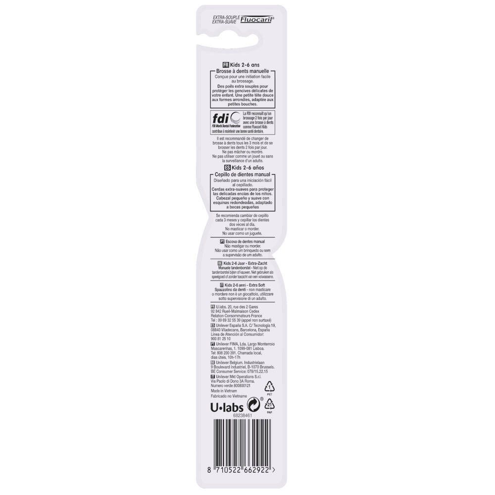 Achterkant van de verpakking van een kindertandenborstel. Meertalige tekst, barcode en U-labs logo.