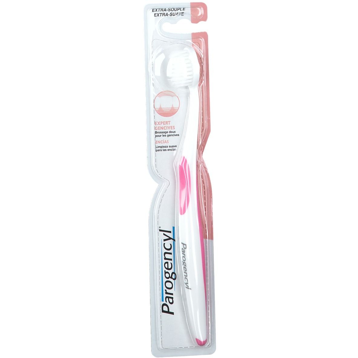 Tandenborstel in blisterverpakking. Witte handgreep met roze accenten. Borstelkop met witte borstelharen. Merk Parogencyl.