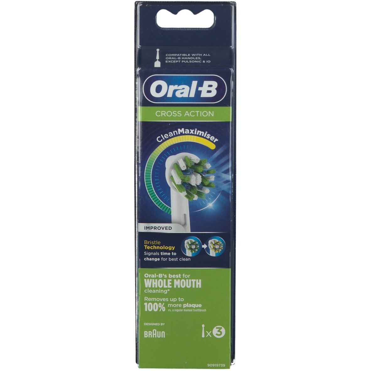 Emballage de têtes de brosse Oral-B Cross Action. Contient 3 pièces. Avec technologie CleanMaximiser et logo Braun.